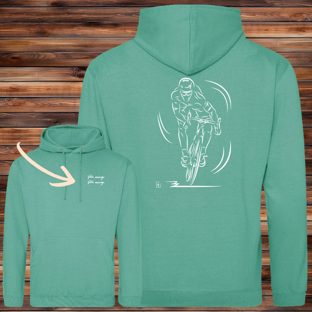 Vélo course sprint, graphisme sur sweat-shirt vert à personnaliser avec un texte. Création Virginie Linard ©. virginielinard.com.