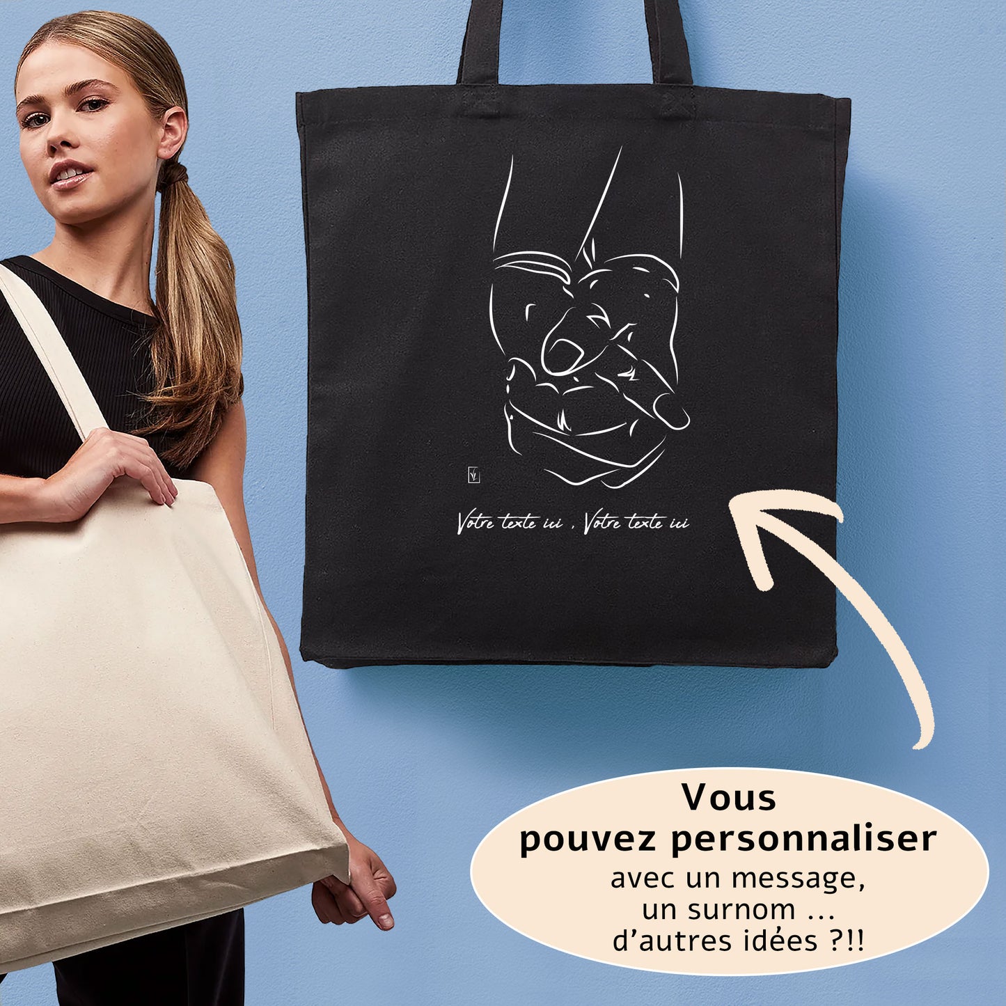 Graphisme deux mains entrelacées amour couple sur sac cabas en toile tote bag à personnaliser avec du texte. Création Virginie Linard ©.