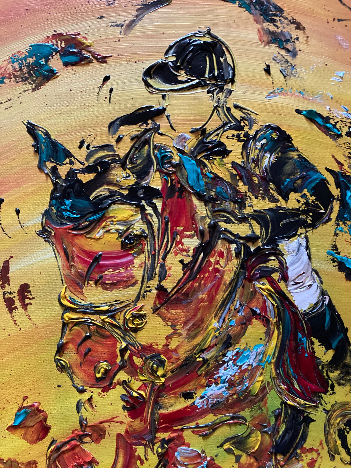 Tableau équitation peinture sur toile cheval cavalier saut obstacle détail peint à la main virginie Linard ©