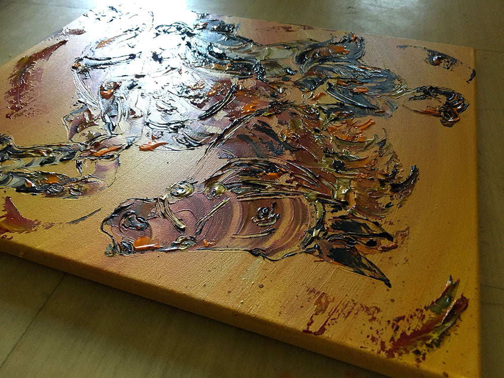 Epaisseur peinture à la spatule du tableau d'équitation cheval du peintre Virginie Linard ©