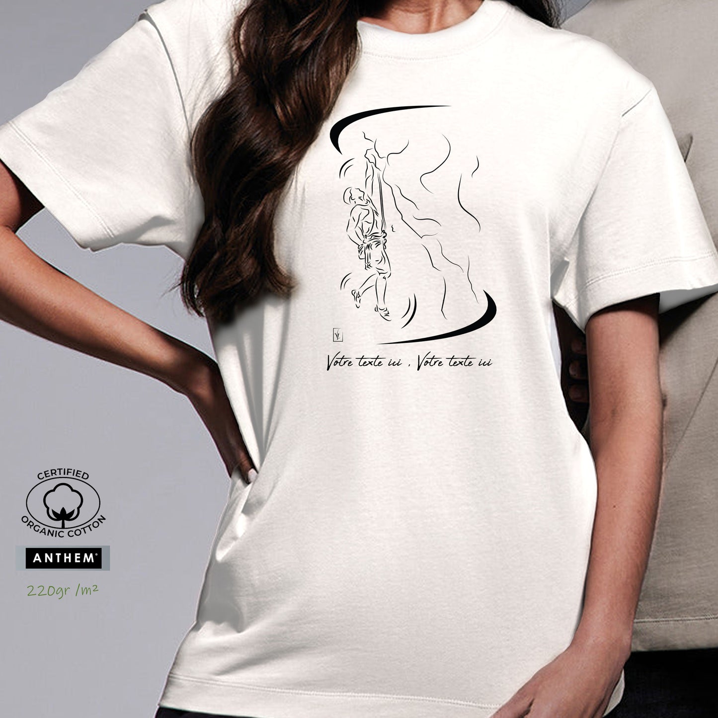 Graphisme Escalade montagne sur t-shirt blanc 100% coton Bio épais 220gr/m² unisexe à personnaliser avec un texte. Création Virginie Linard ©.