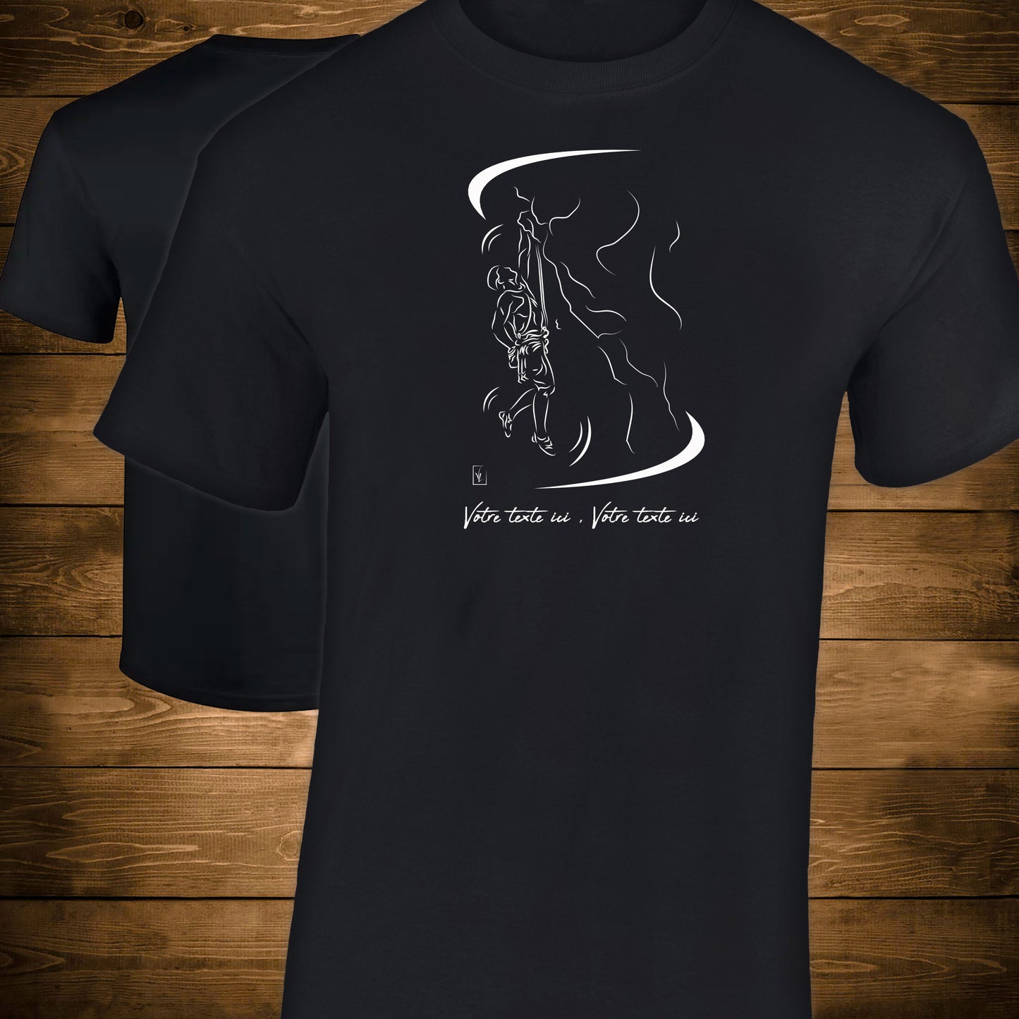Graphisme escalade sur T-shirt noir à personnaliser avec du texte. Création Virginie Linard ©.