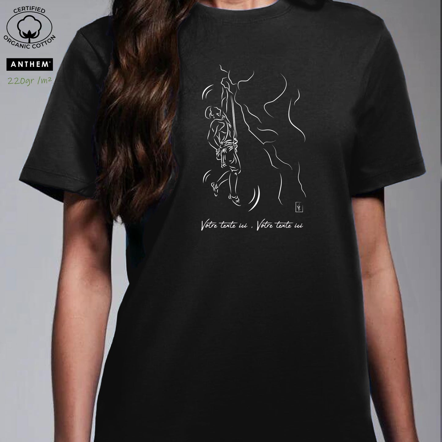 Graphisme Escalade sur t-shirt noir 100% coton Bio épais 220gr/m² unisexe à personnaliser avec un texte. Création Virginie Linard ©.