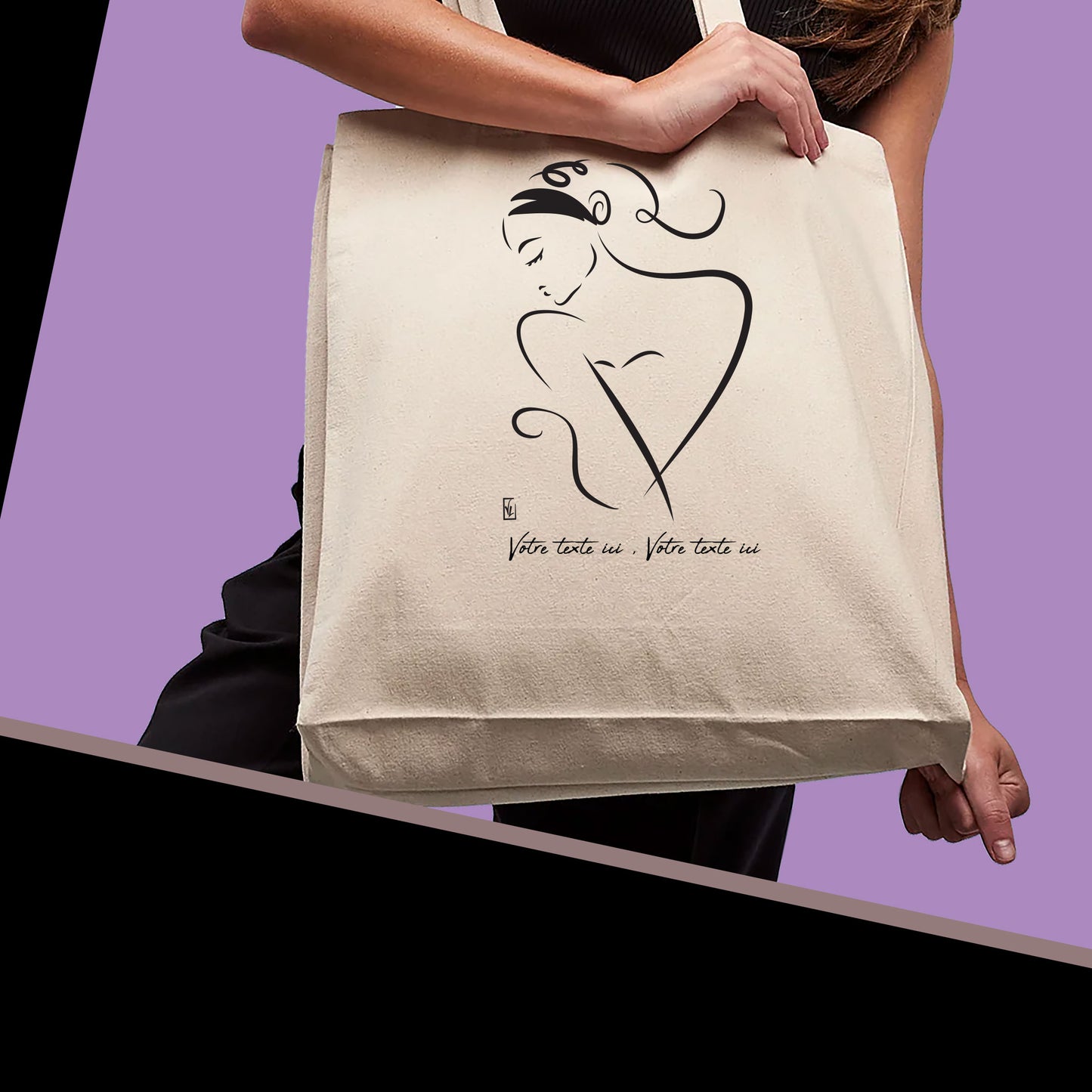 Graphisme esquisse femme au bandeau à personnaliser avec un texte sur sac cabas beige, création Virginie Linard ©.