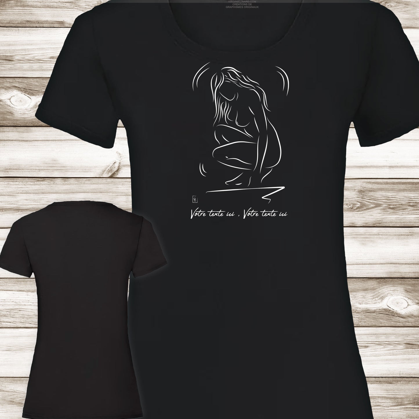 Graphisme esquisse nue femme accroupie sur t-shirt à personnaliser avec un texte. Création Virginie Linard ©.