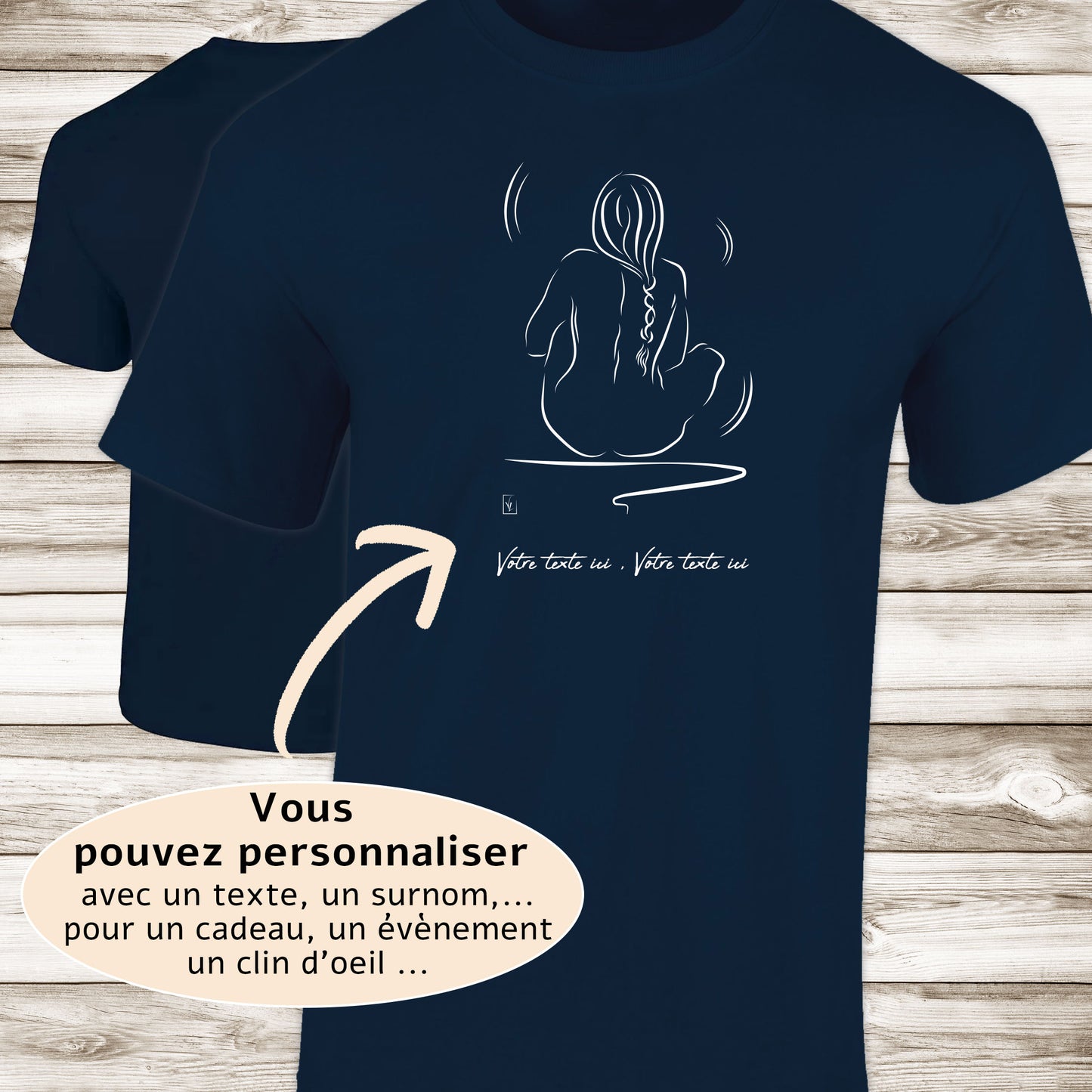 Graphisme esquisse nue femme de dos cheveux en natte sur t-shirt à personnaliser avec un texte. Création Virginie Linard ©.