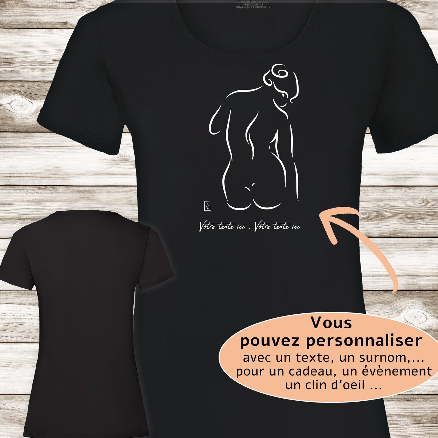 Graphisme esquisse nue femme de dos avec les cheveux en chignon sur t-shirt à personnaliser avec un texte. Création Virginie Linard ©.