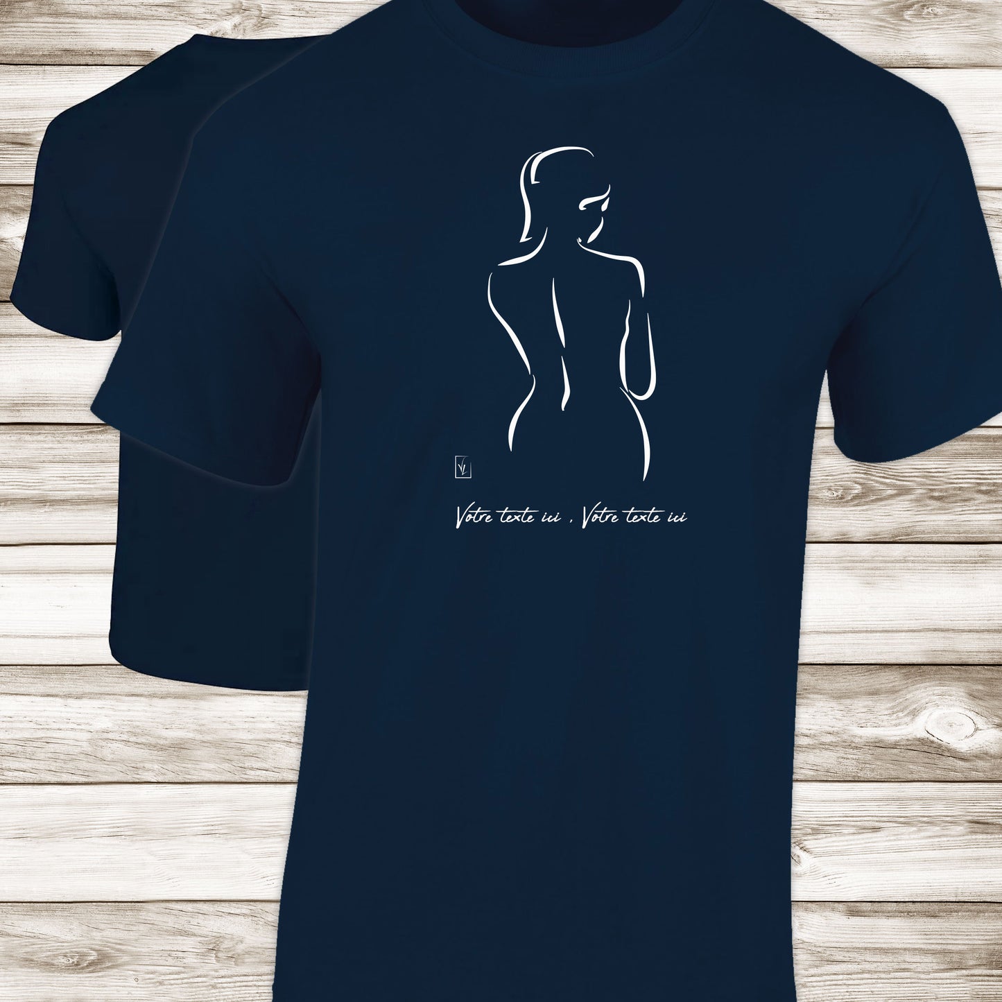 Graphisme esquisse nue femme de dos Graphisme sur t-shirt à personnaliser avec un texte. Création Virginie Linard ©.