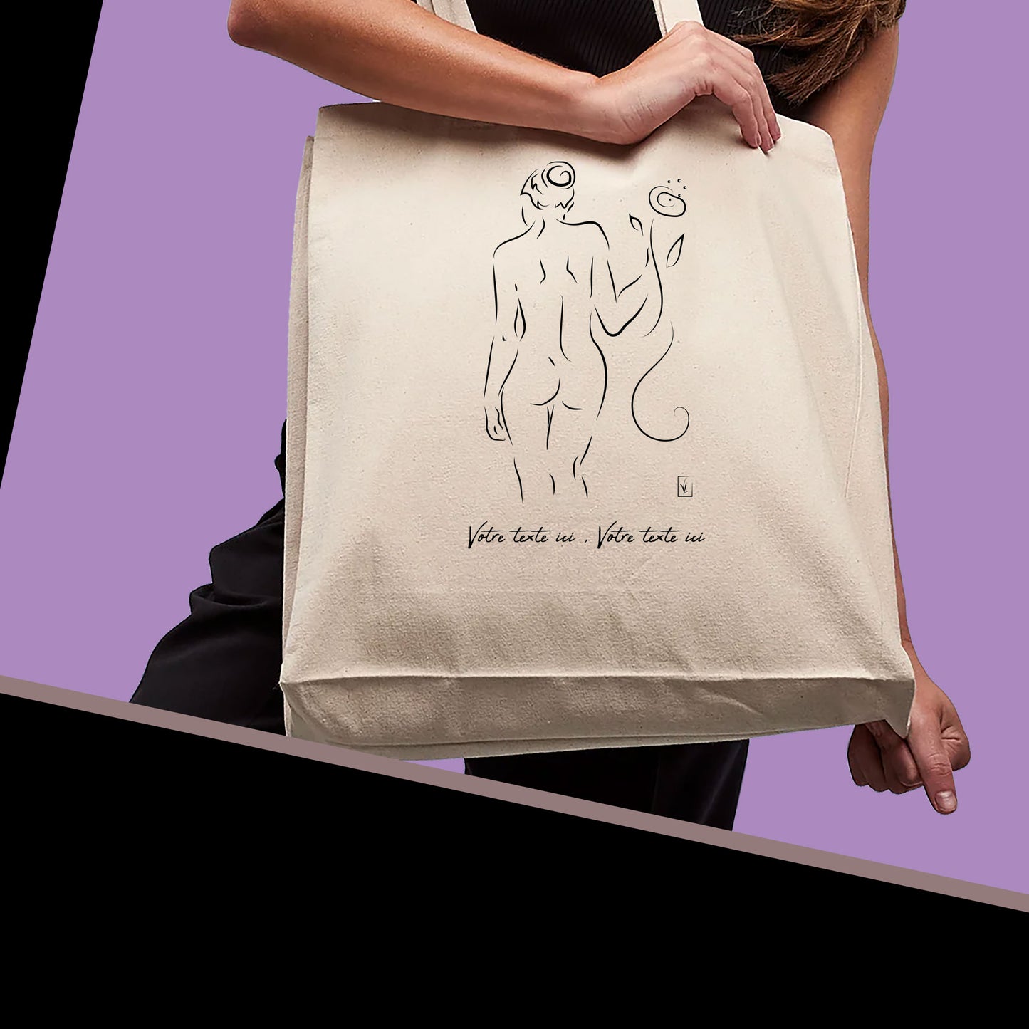 Graphisme esquisse nue femme de dos avec une fleur à la main sur sac cabas en toile tote-bag à personnaliser avec du texte. Création Virginie Linard ©.