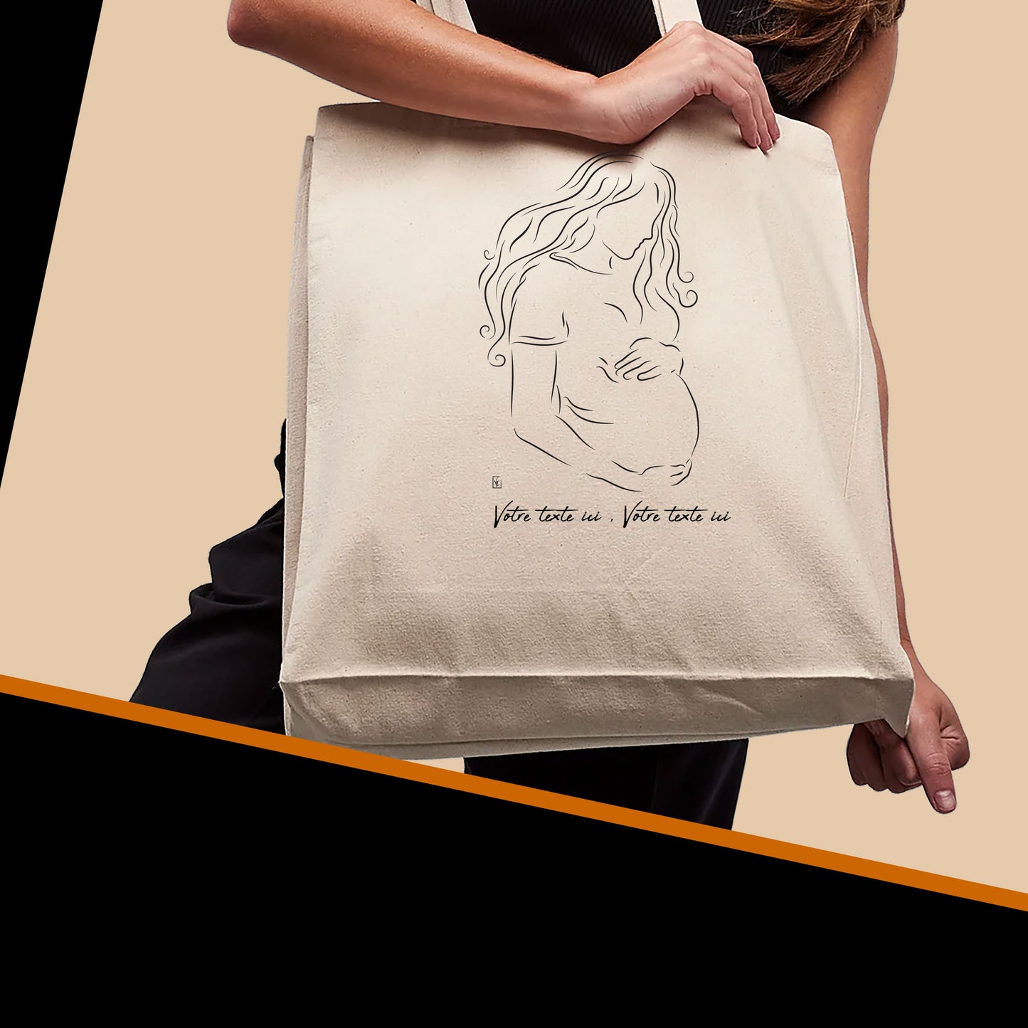 Graphisme femme enceinte, naissance, bébé, à personnaliser avec un texte sur sac cabas beige, création Virginie Linard ©.