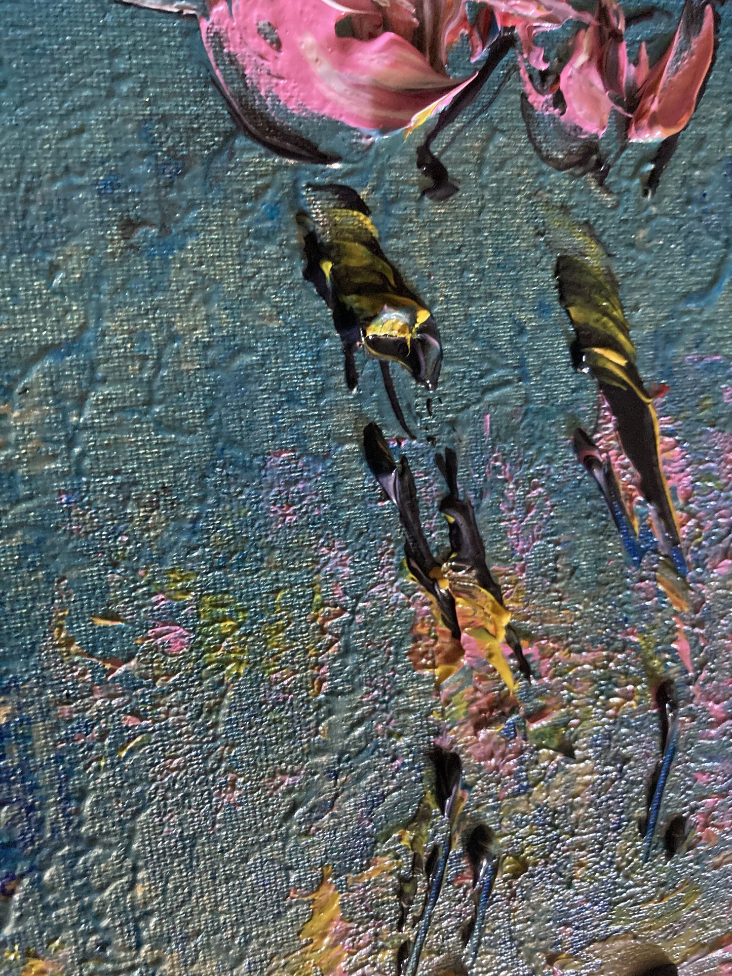 Tableau Flamant rose peinture sur toile 40x40 cm detail4 virginie Linard ©