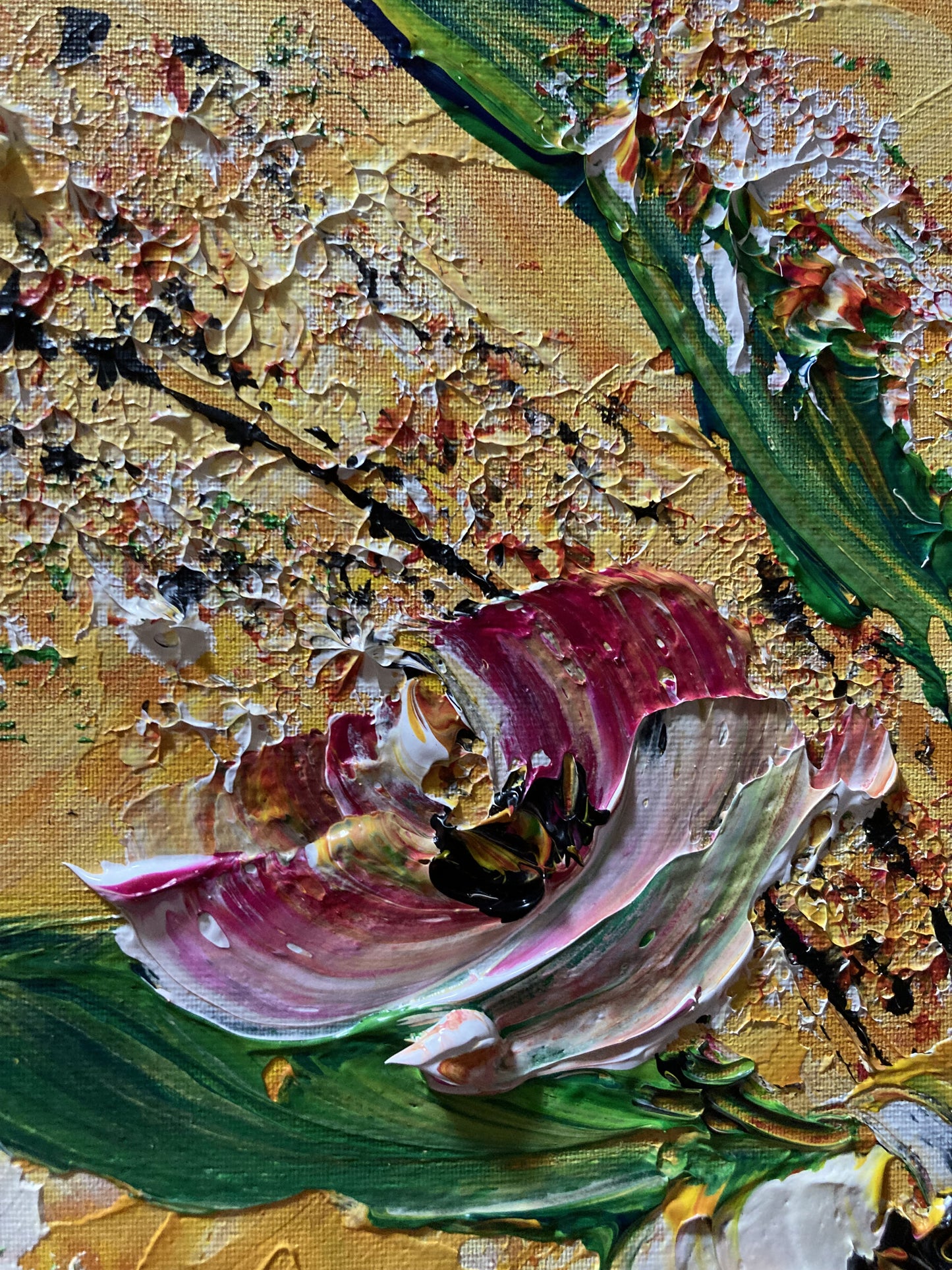 Fleurs bouquet toile moderne peinture de 40x40 cm détail 3 Virginie Linard ©