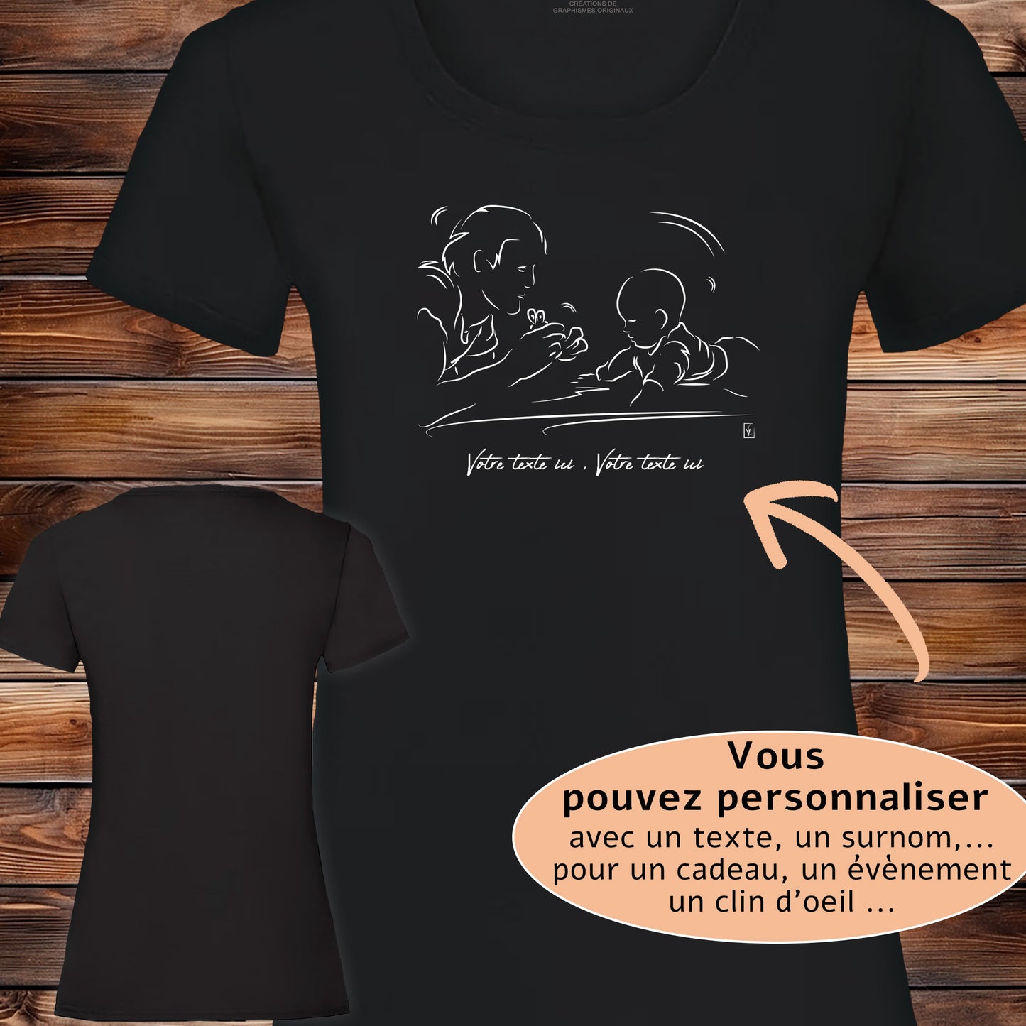 Graphisme futur grand-père futur papa naissance bébé sur T-shirt. Création Virginie Linard ©.