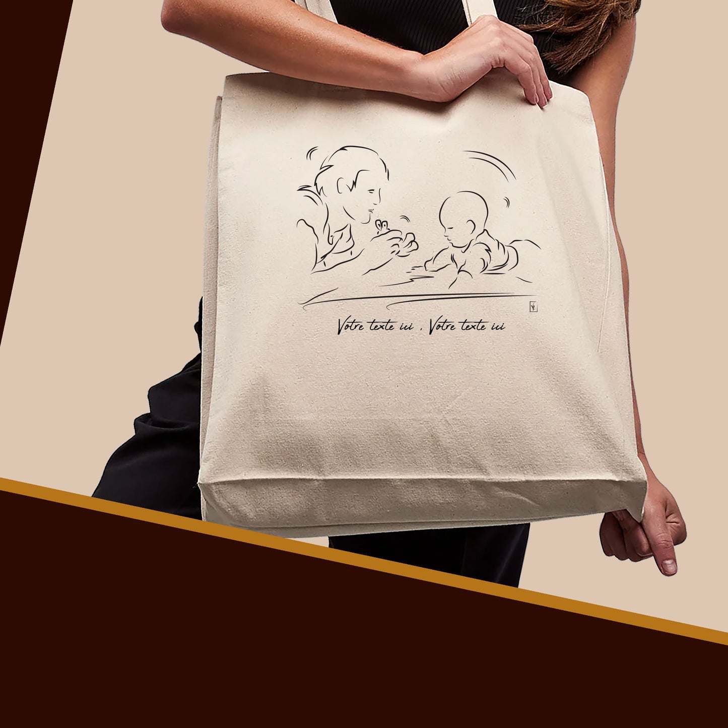 Graphisme futur papa, futur grand-père, naissance, bébé, enfant, à personnaliser avec un texte sur sac cabas beige, création Virginie Linard ©.