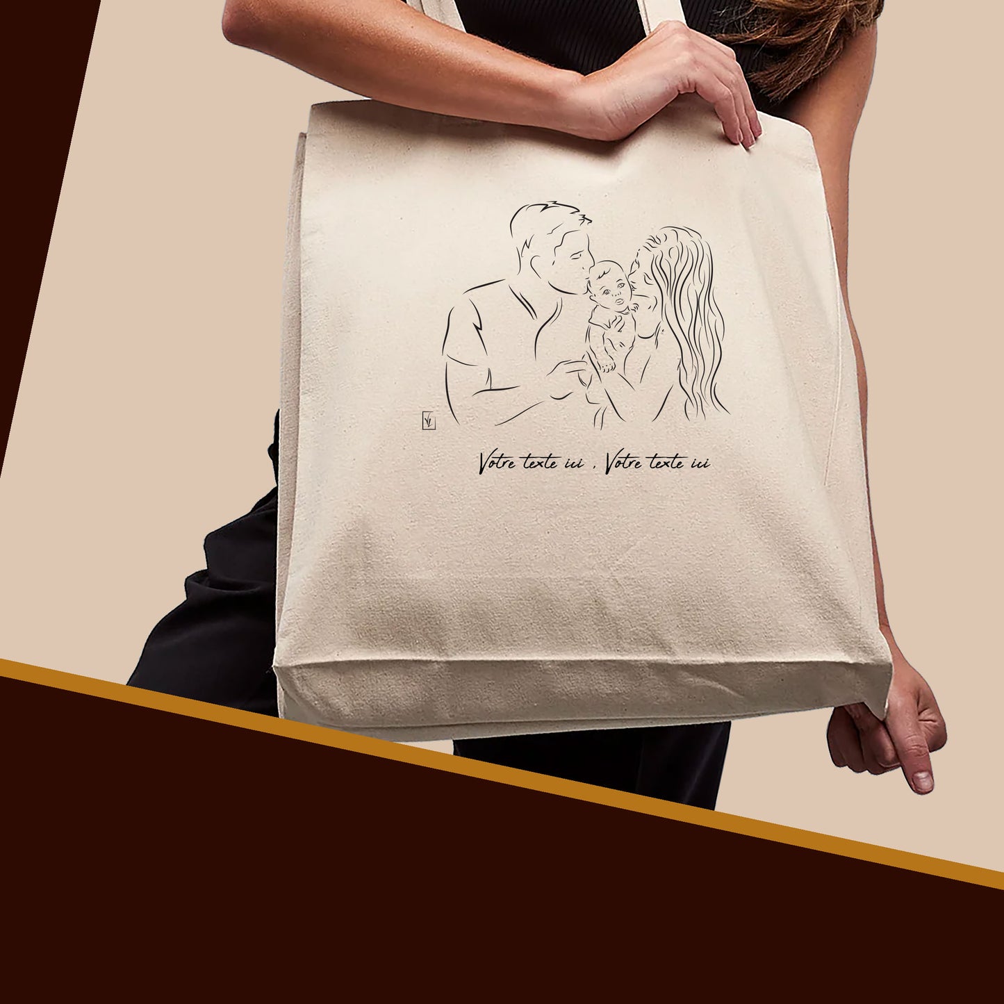 Graphisme futurs parents naissance sur sac cabas en toile tote-bag à personnaliser avec du texte. Création Virginie Linard ©.