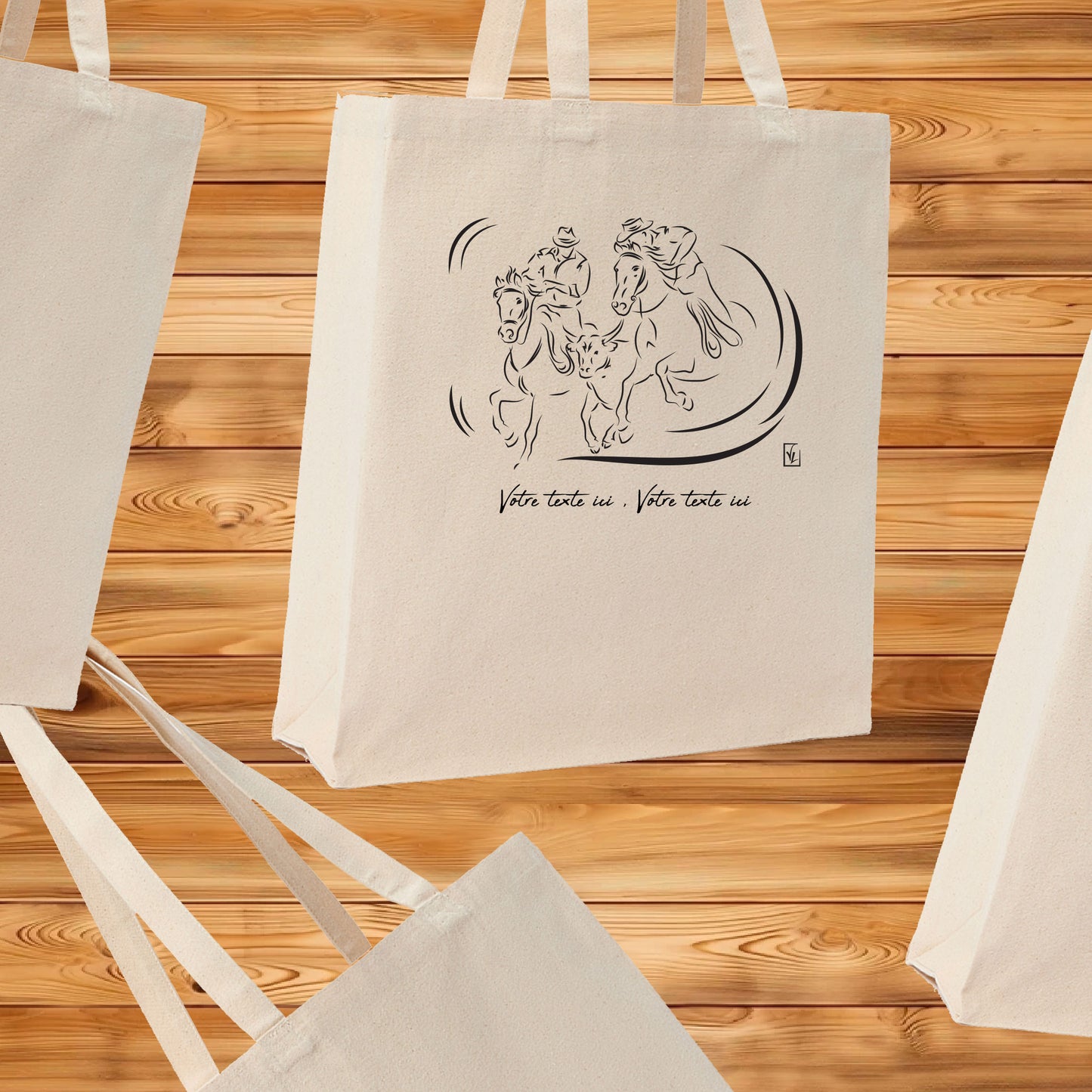 Graphisme Camargue Gardian et taureau sur sac cabas tote-bag beige. A personnaliser avec du texte. Création Virginie Linard ©.