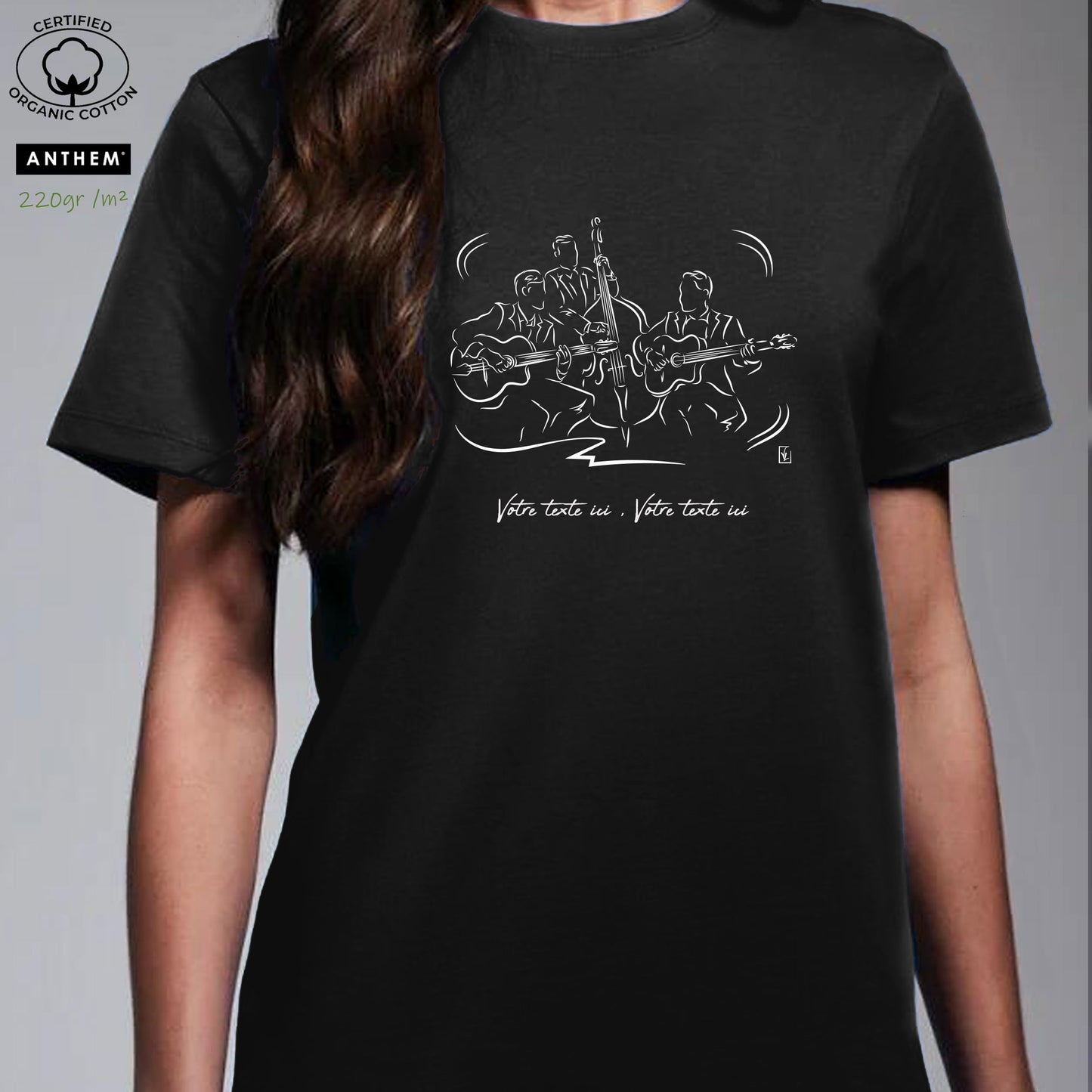 Graphisme musiciens jazz Contrebasse et guitares sur t-shirt noir 100% coton Bio épais 220gr/m² unisexe à personnaliser avec un texte. Création Virginie Linard ©.