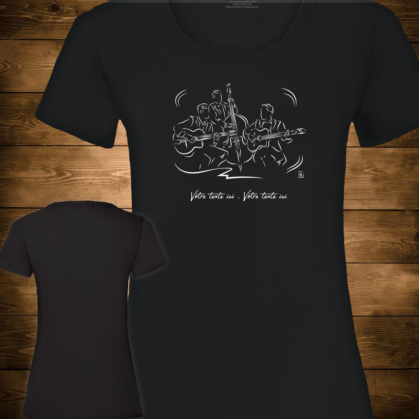 Graphisme Musiciens Jazz Contrebasse et Guitare sur T-shirt noir femme. Création Virginie Linard ©.