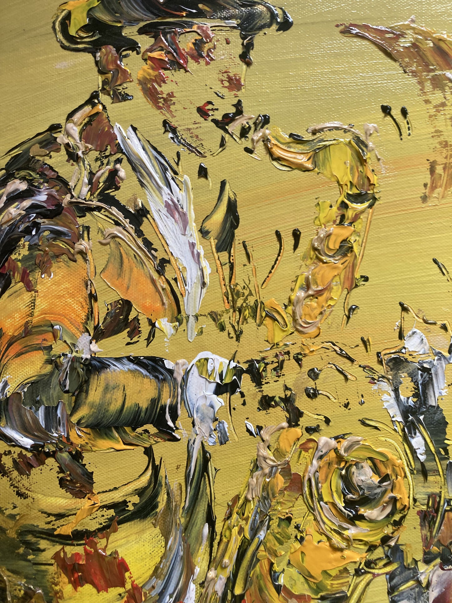 Tableau Musiciens Jazz Contrebasse, Piano et Saxophone, musique. Peinture sur toile format 70x70cm. Détail Saxophone. Création Virginie Linard ©.