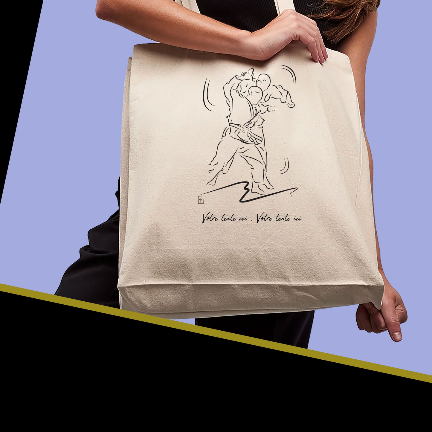 Graphisme judo, jujitsu, Arts martiaux, sur sac cabas en toile tote-bag beige à personnaliser avec du texte. Création Virginie Linard ©.