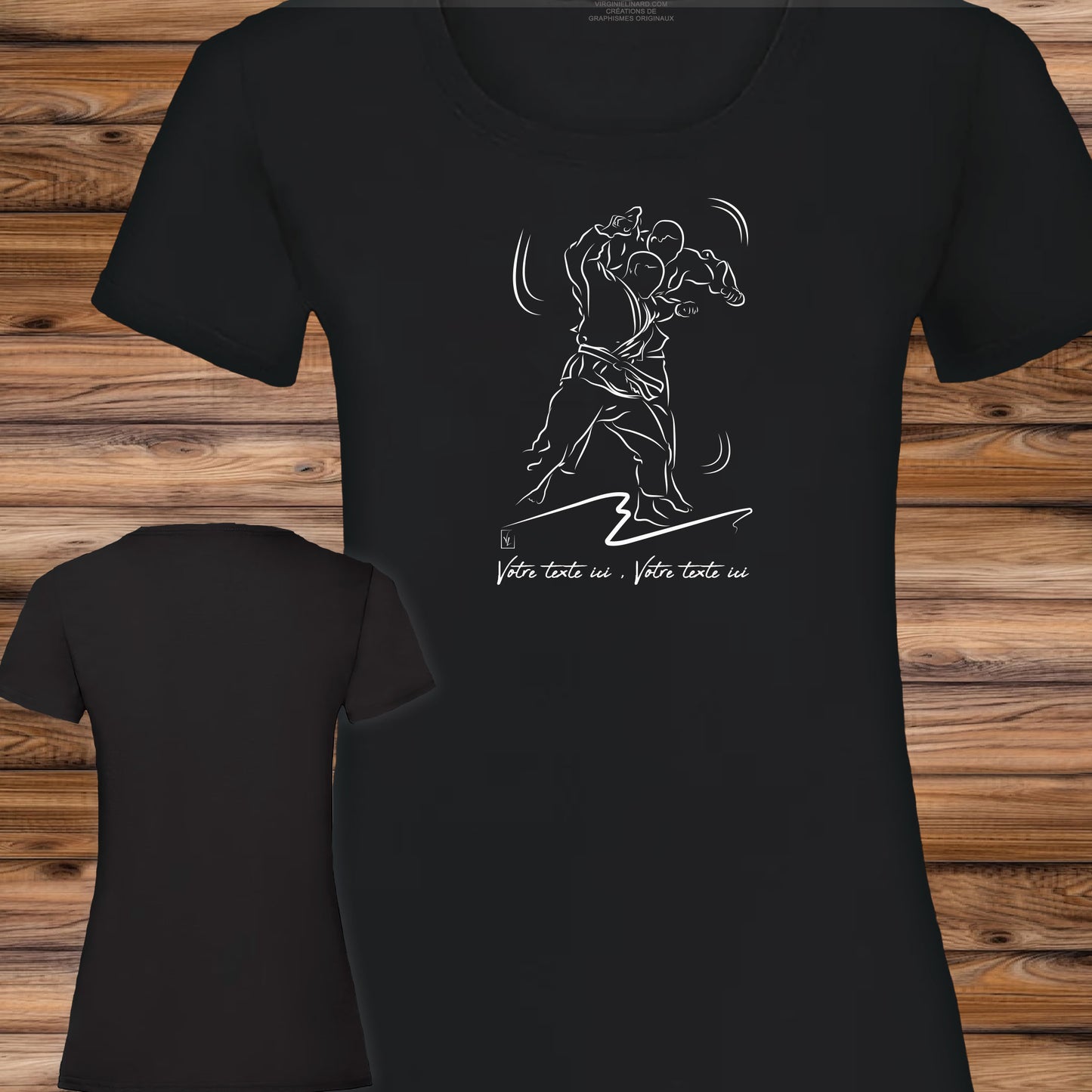 Graphisme Judo jujitsu arts martiaux sur t-shirt noir coupe femme à personnaliser avec du texte. Création Virginie Linard ©.