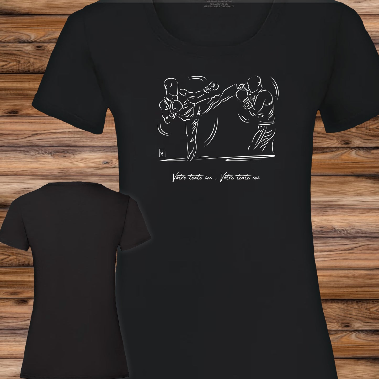 Graphisme kick boxing, boxe, sport de combat sur t-shirt noir coupe femme à personnaliser avec du texte. Création Virginie Linard ©.