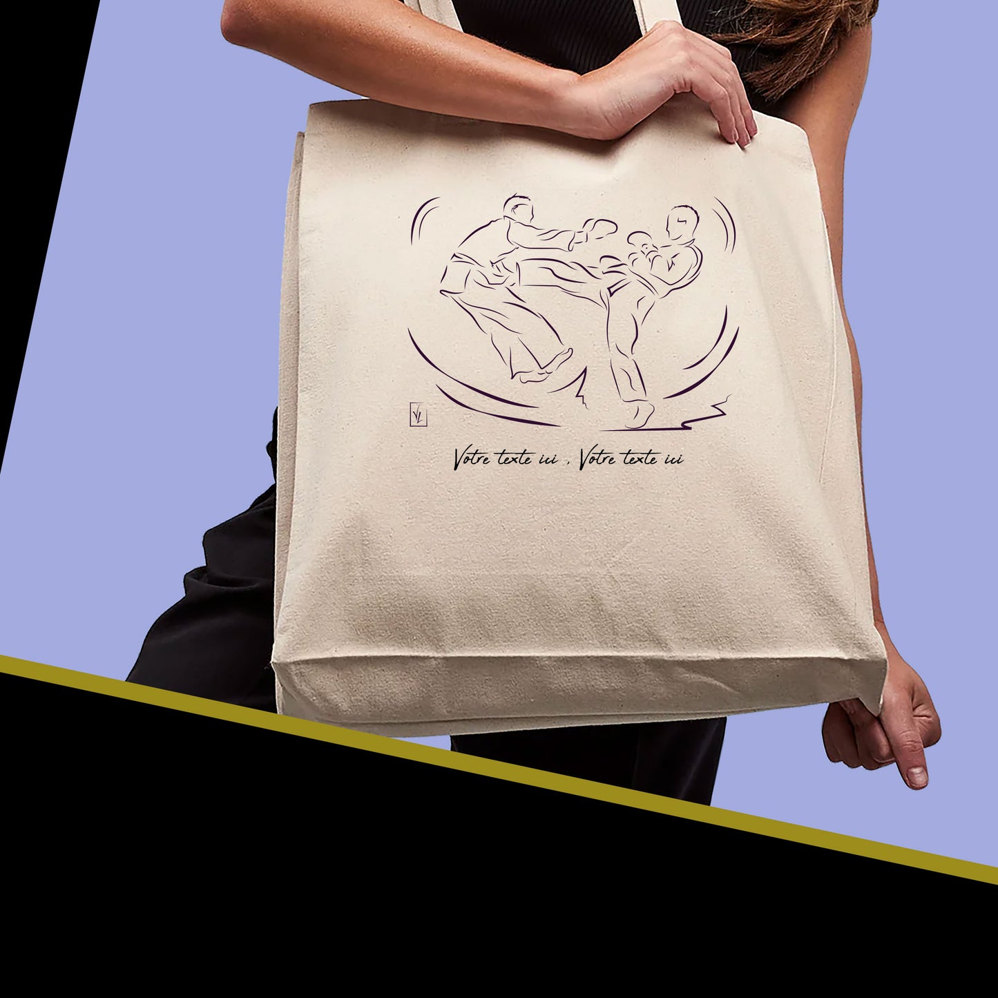 Graphisme Jujitsu, Arts martiaux, sur sac cabas en toile tote-bag beige à personnaliser avec du texte. Création Virginie Linard ©.