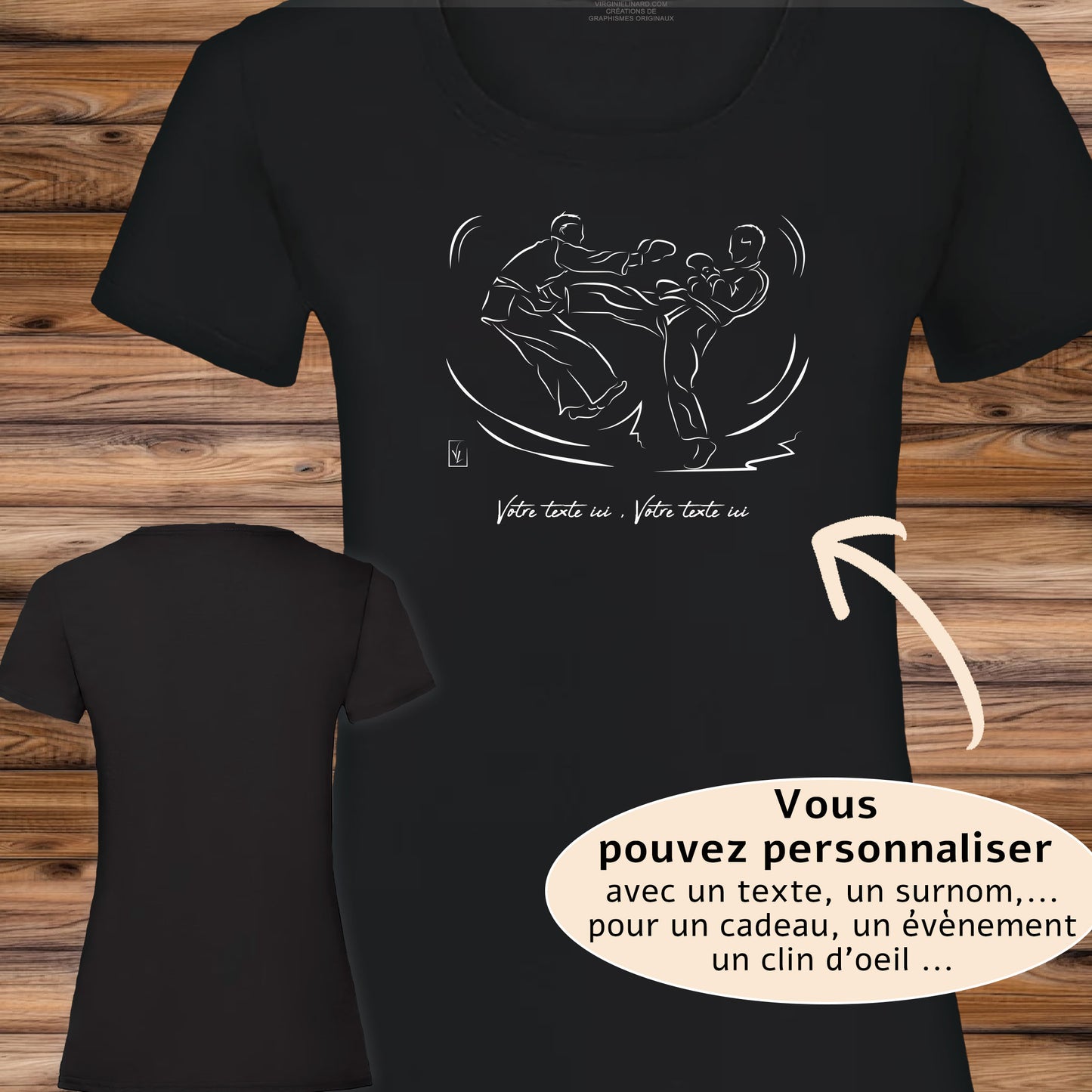 Graphisme jujitsu arts martiaux sur t-shirt noir coupe femme à personnaliser avec du texte. Création Virginie Linard ©.