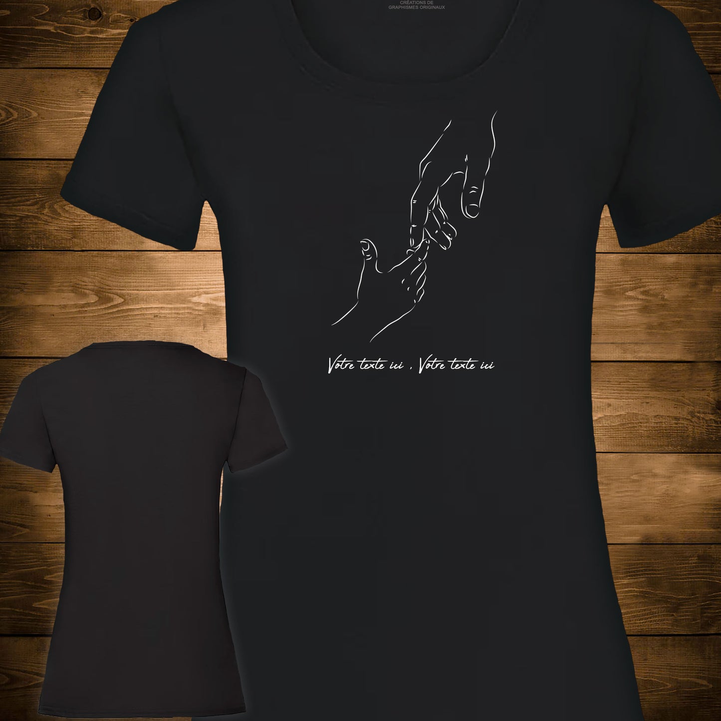 Graphisme Main dans la main adulte enfant Graphisme sur t-shirt à personnaliser avec du texte. Création Virginie Linard ©.