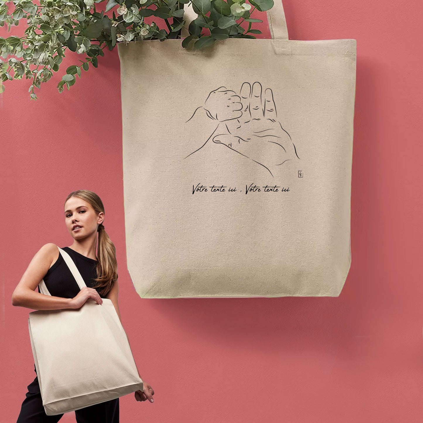 Graphisme mains enfant adulte naissance tendresse. Graphisme sur sac cabas en toile tote-bag à personnaliser avec du texte. Création Virginie Linard ©.