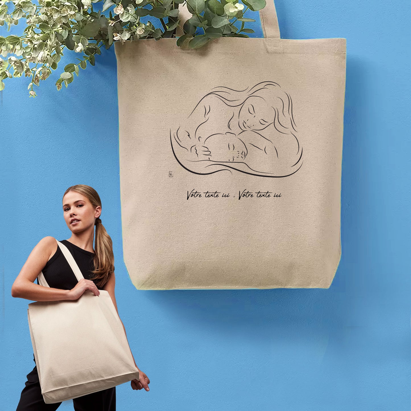 Graphisme maman amour câlin bébé enfant sur sac cabas en toile tote-bag à personnaliser avec du texte. Création Virginie Linard ©.