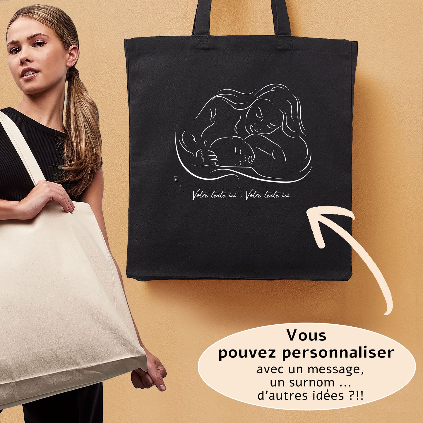 Graphisme maman amour câlin bébé enfant sur sac cabas en toile tote-bag à personnaliser avec du texte. Création Virginie Linard ©.