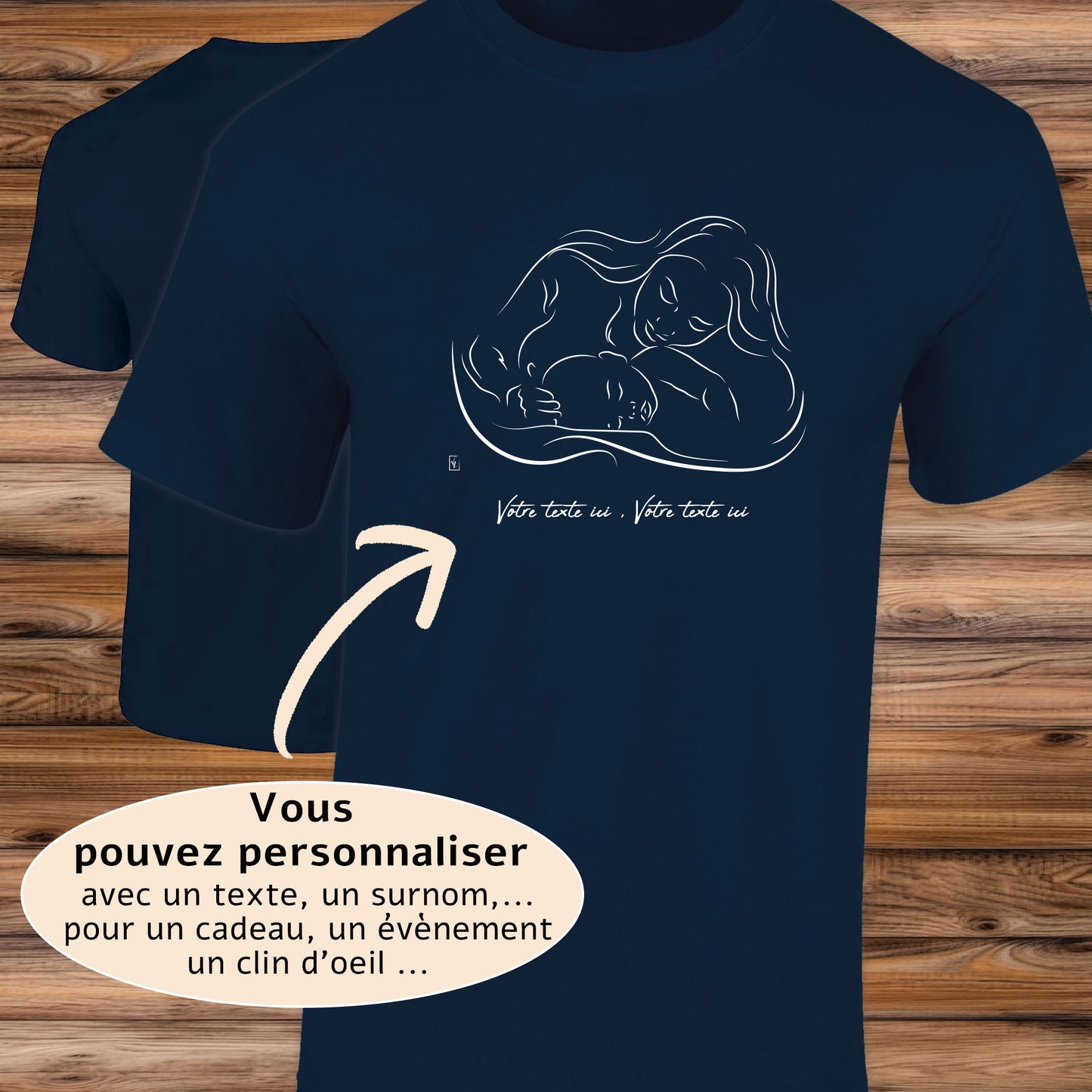 Graphisme maman amour câlin bébé sur enfant sur t-shirt à personnaliser avec un texte. Création Virginie Linard ©.