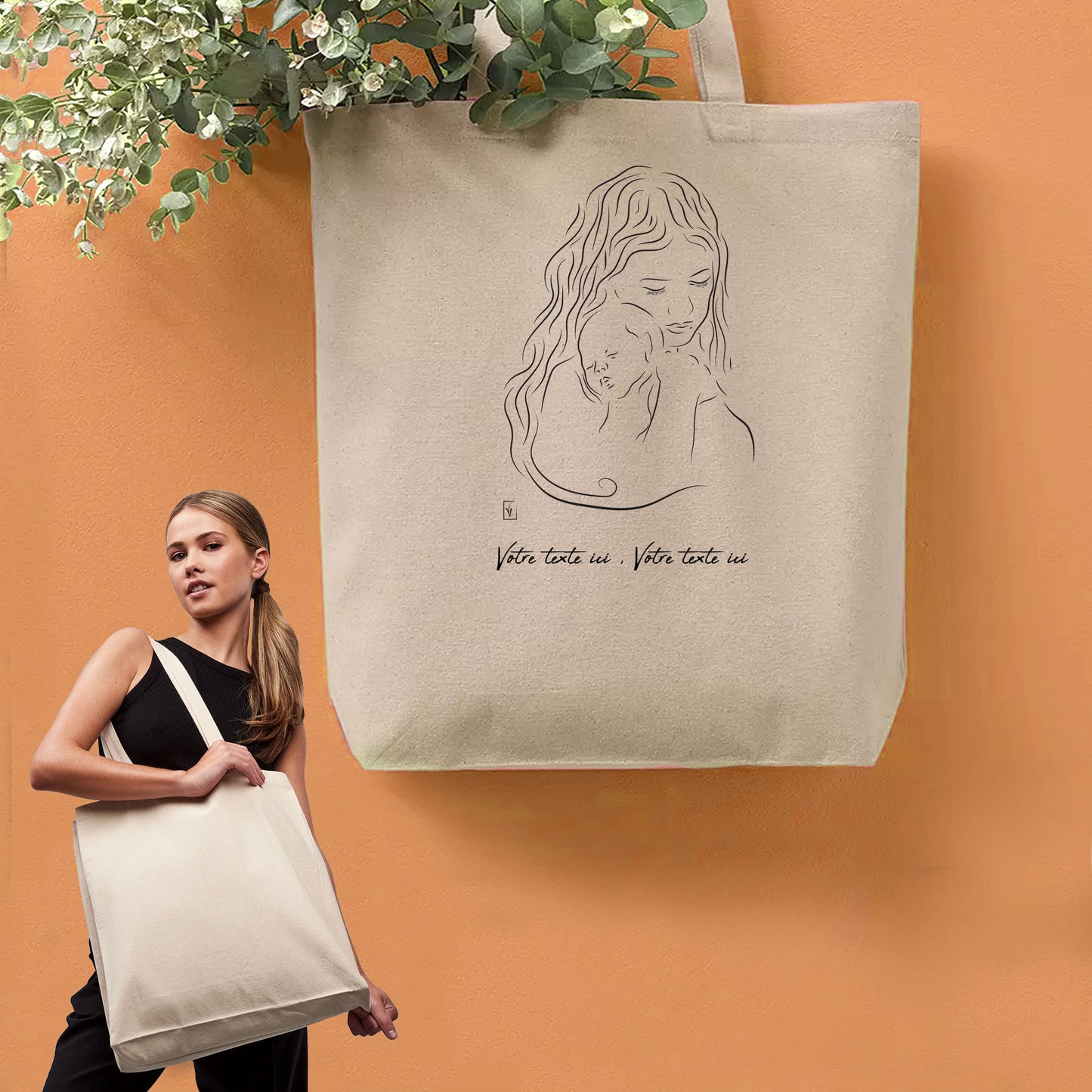 Graphisme Maman câlin bébé naissance amour sur sac cabas en toile tote-bag à personnaliser avec du texte. Création Virginie Linard ©.