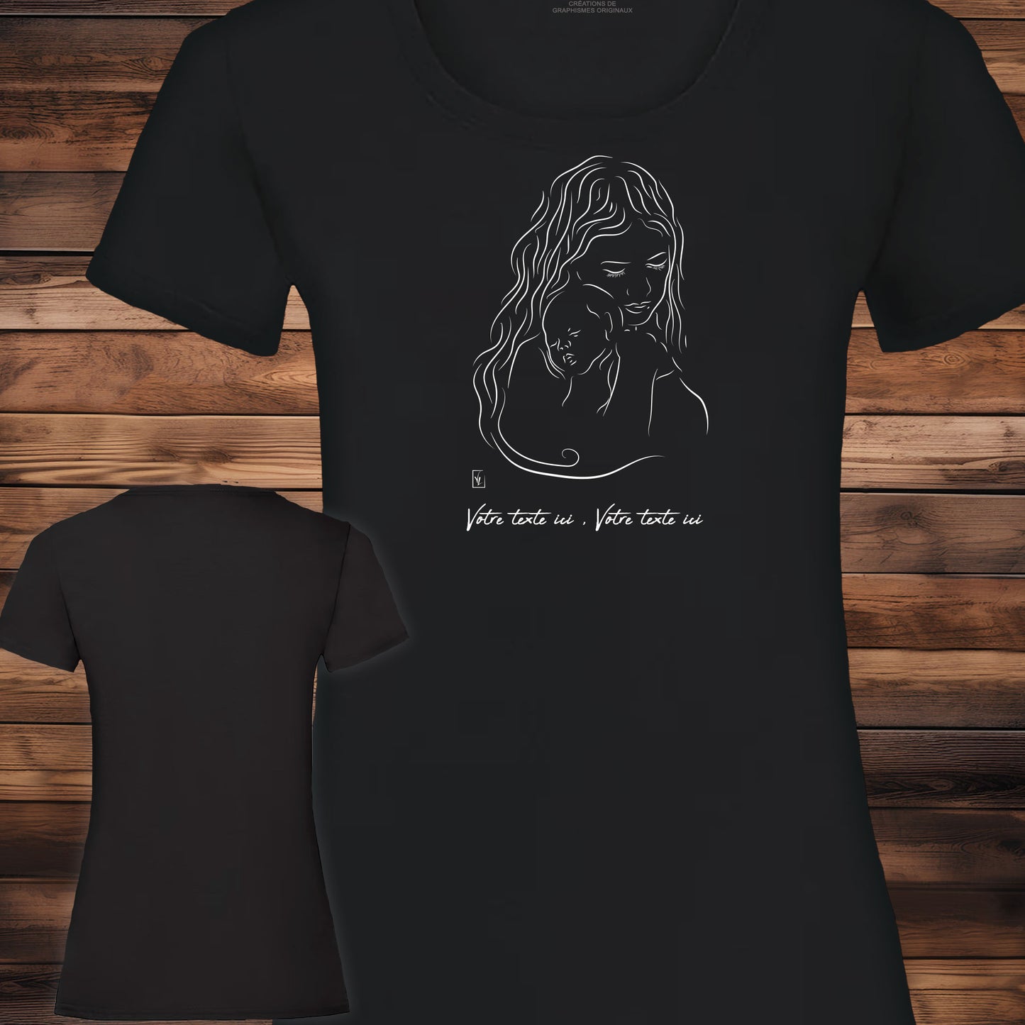 Graphisme Maman câlin bébé naissance amour sur t-shirt à personnaliser avec du texte. Création Virginie Linard ©.