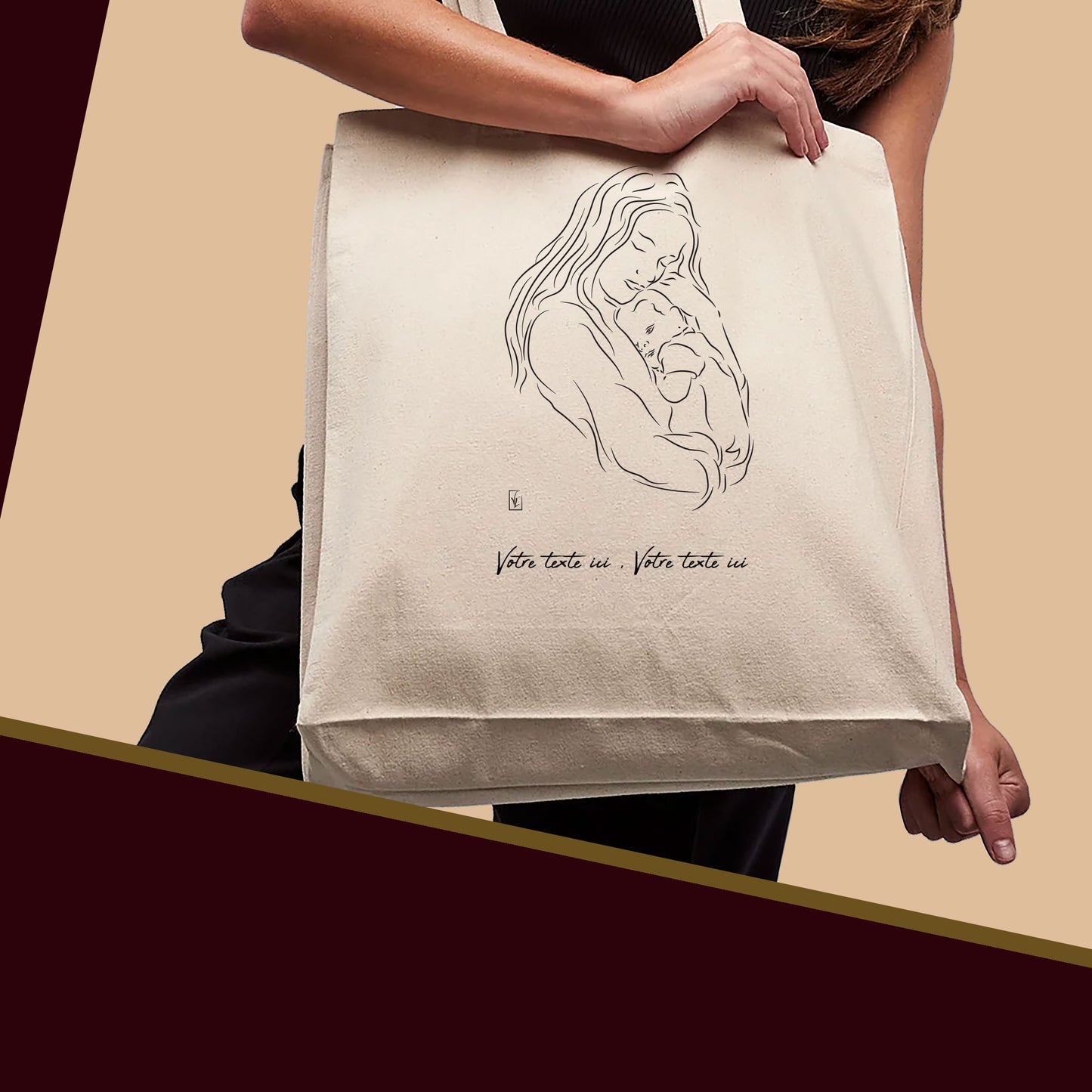 Graphisme maman câlin bébé naissance baptême tendresse sur sac cabas en toile tote-bag à personnaliser avec du texte. Création Virginie Linard ©.