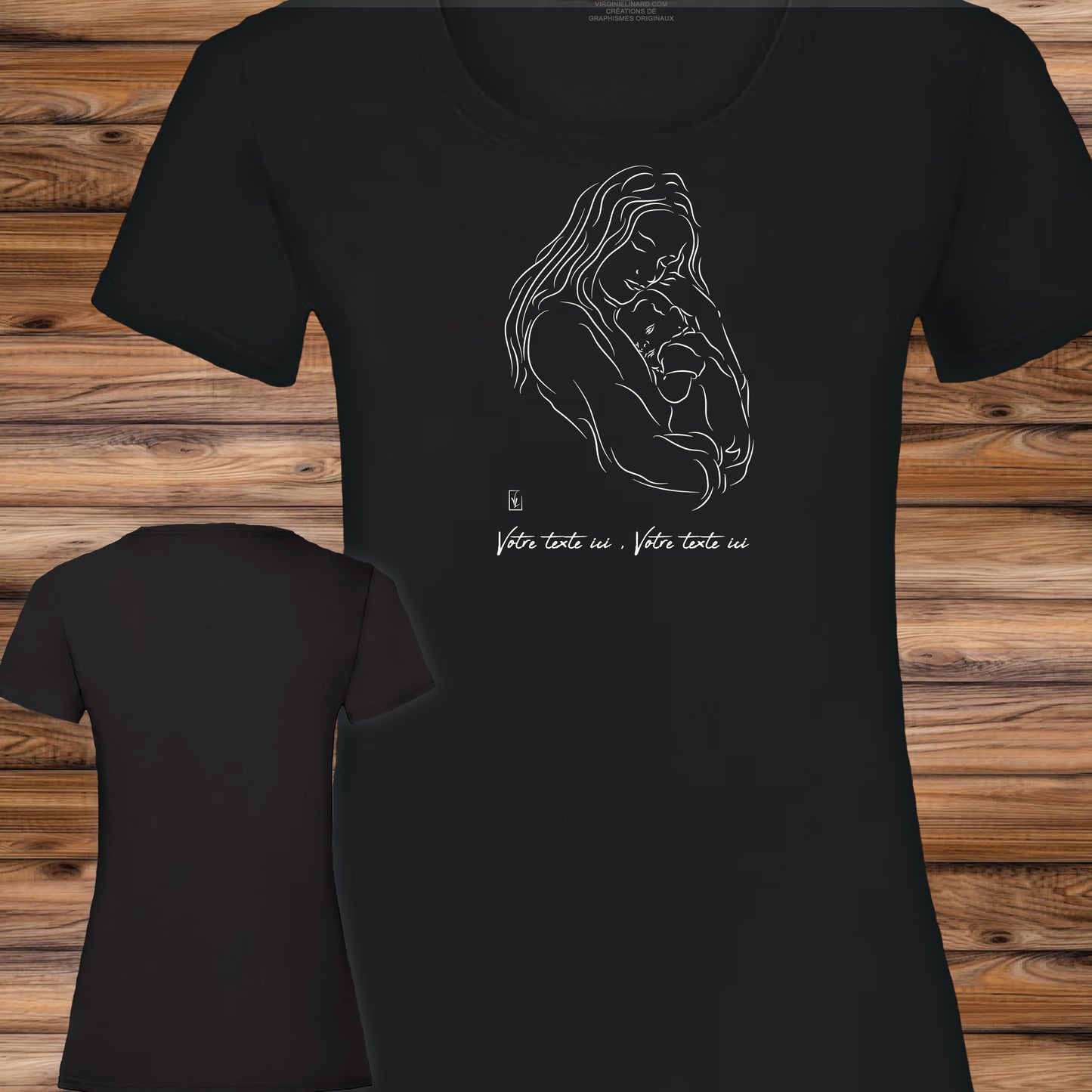 Graphisme maman câlin bébé naissance tendresse sur t-shirt à personnaliser avec un texte. Création Virginie Linard ©.