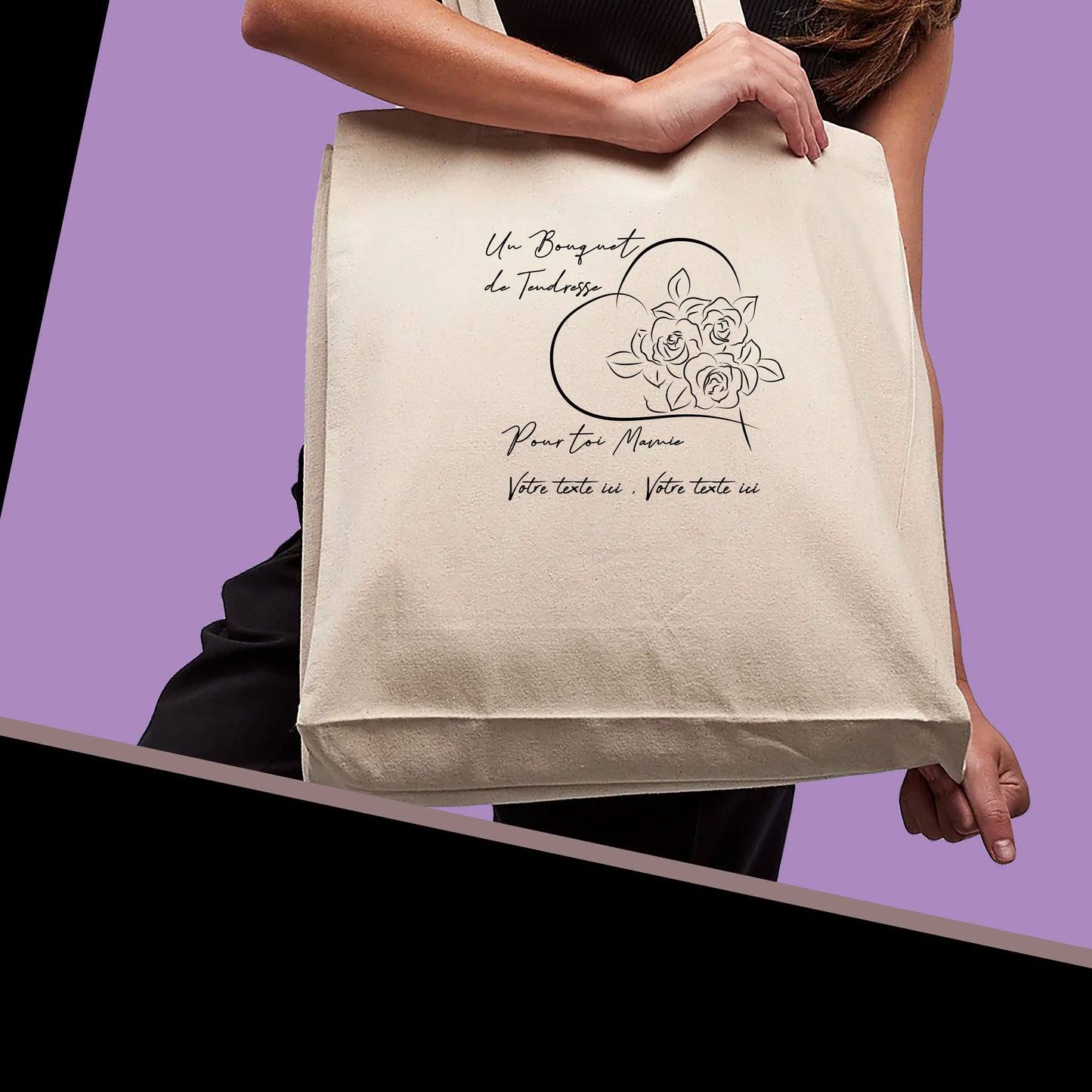 Graphisme mamie grand-mère fleurs sur sac cabas tote-bag beige à personnaliser avec un texte. Création Virginie Linard ©.