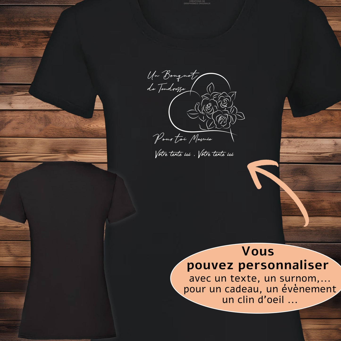 Graphisme cadeaux bouquet fleurs mamie Graphisme sur t-shirt, création Virginie Linard ©.