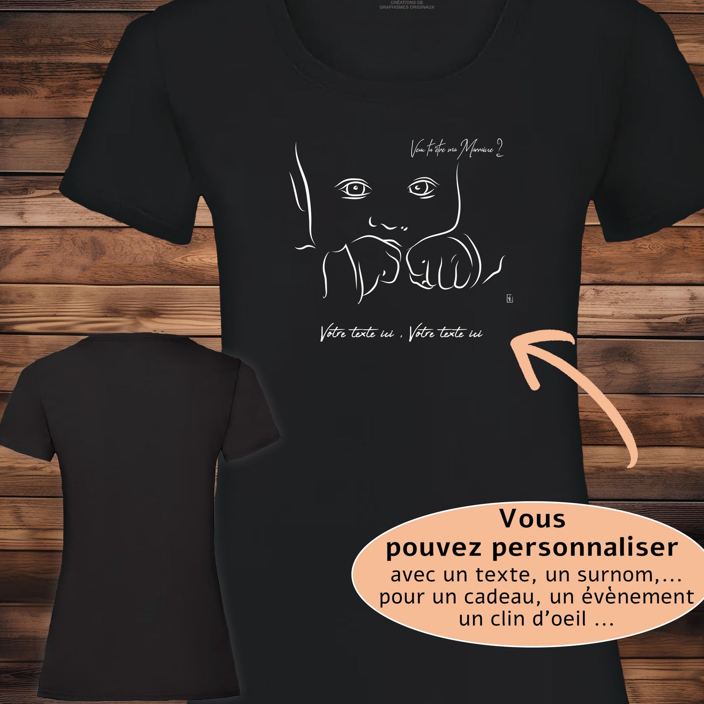 Graphisme naissance marraine baptême sur T-shirt à personnaliser avec un texte, création Virginielinard.com ©.