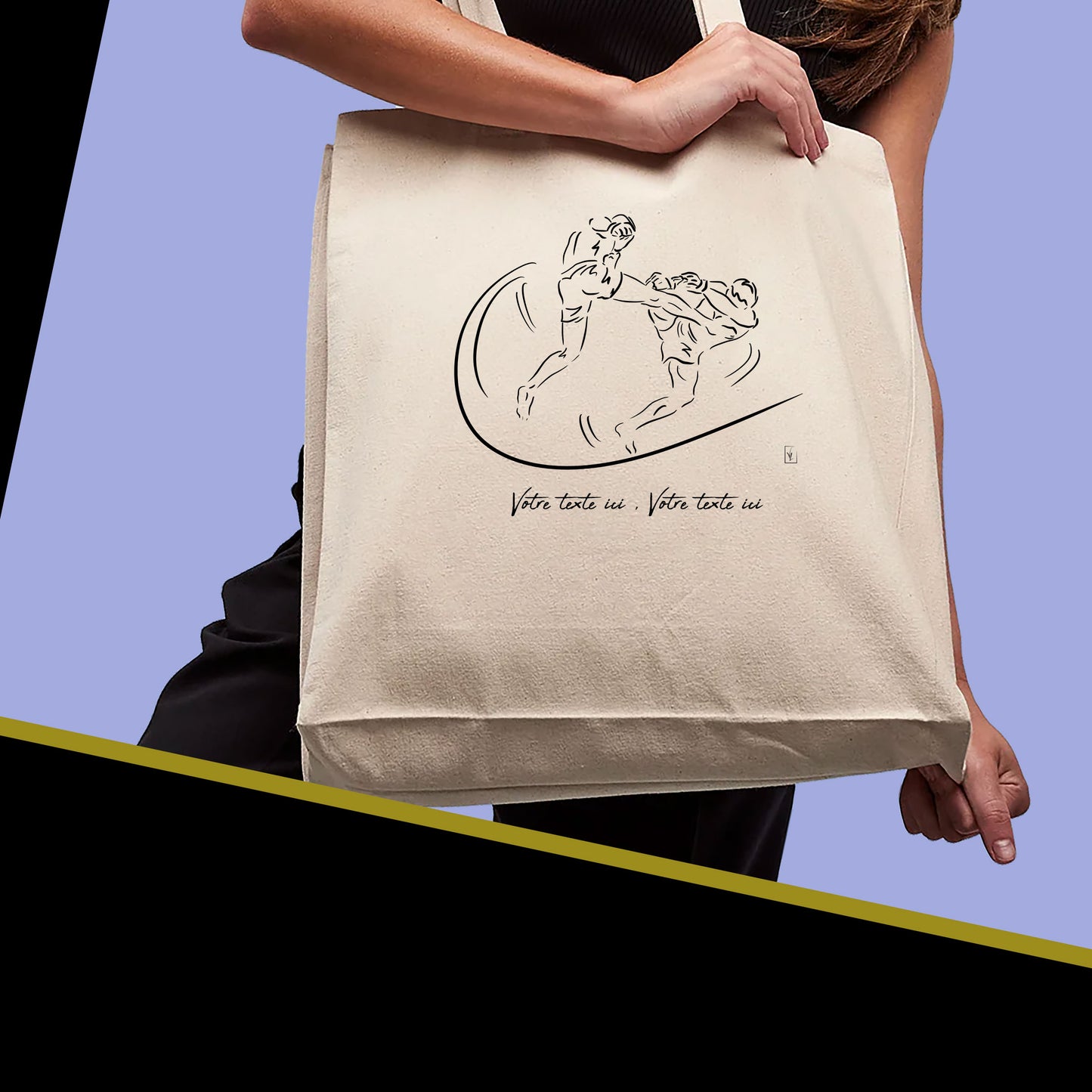 Graphisme MMA Sport de combat sur sac cabas en toile tote-bag beige à personnaliser avec du texte. Création Virginie Linard ©.