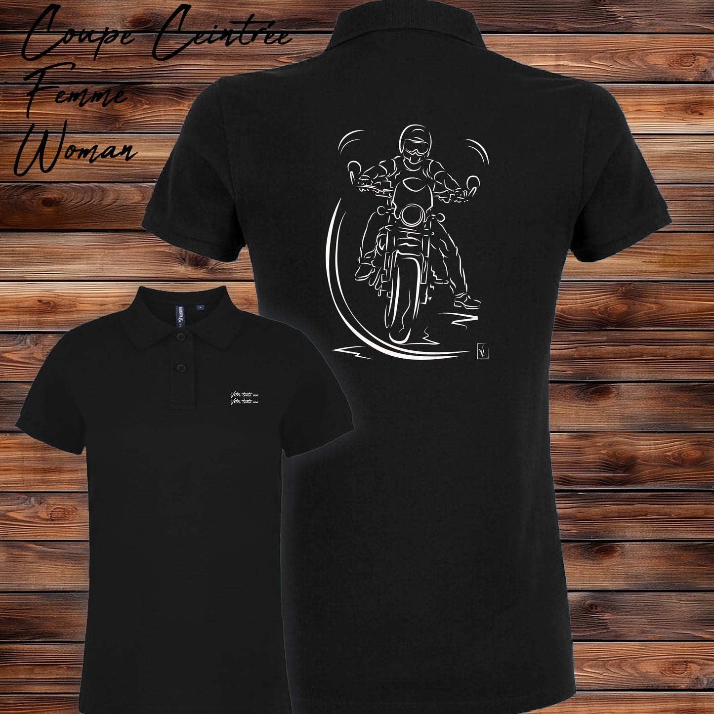 Polo La Pause du Motard noir femme personnalisable - Design scène motard liberté - Polycoton confort 200g/m²