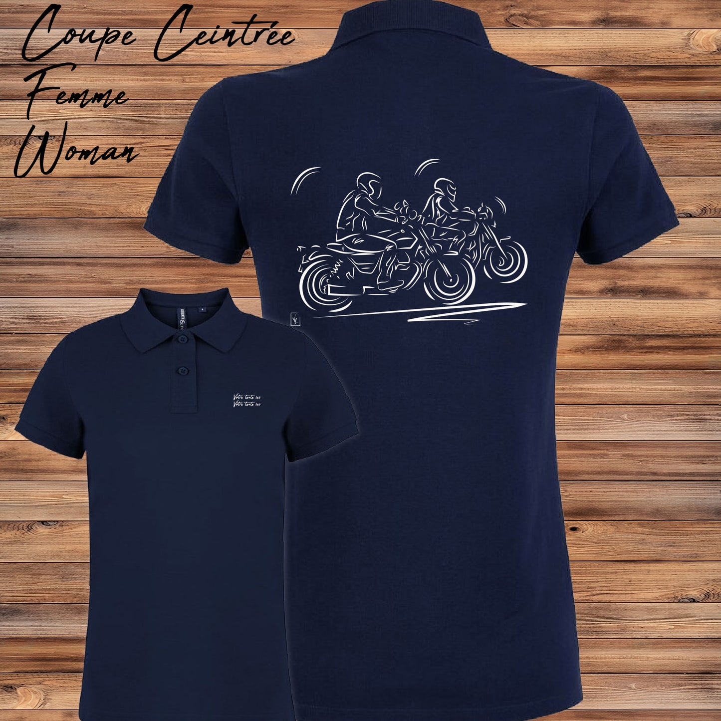 Polo Duo de Motard bleu femme personnalisable - Design couple motard complicité - Polycoton confort 200g/m²