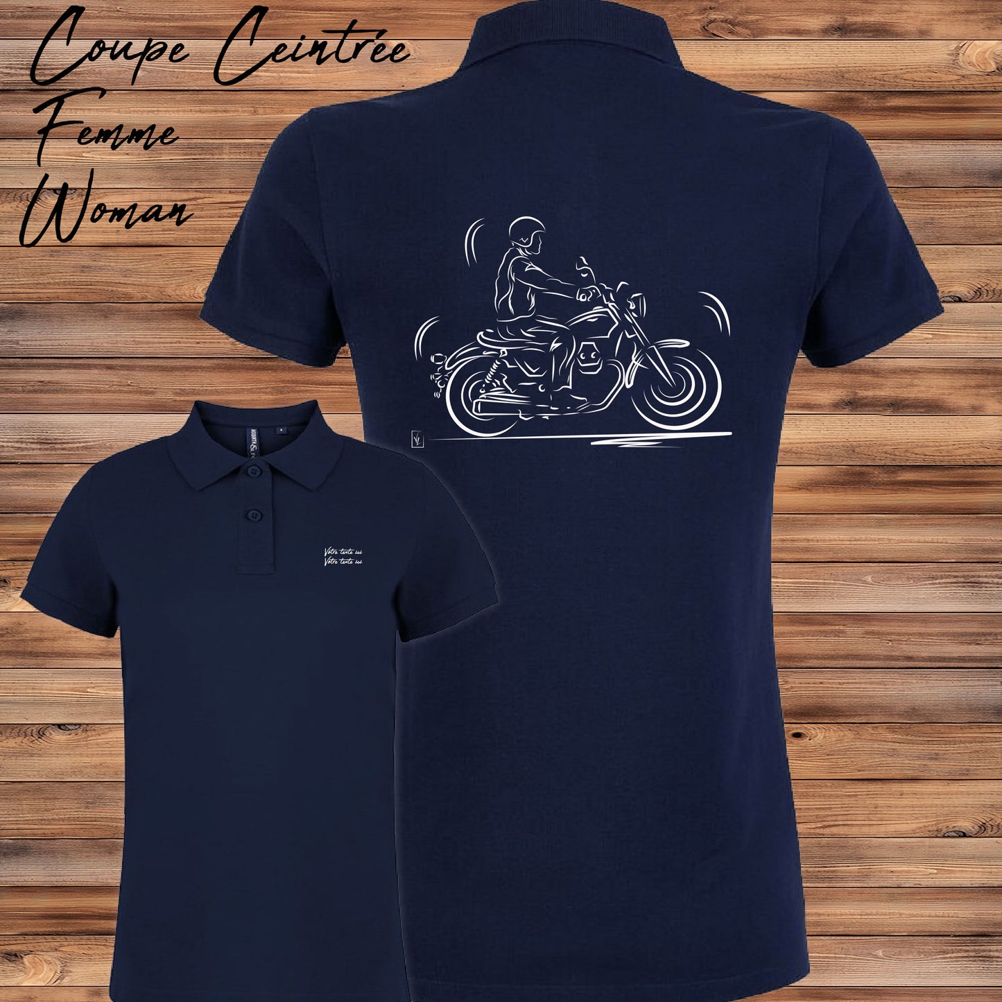 Polo Balade en Moto bleu femme personnalisable - Design motard en route - Polycoton confort 200g/m²