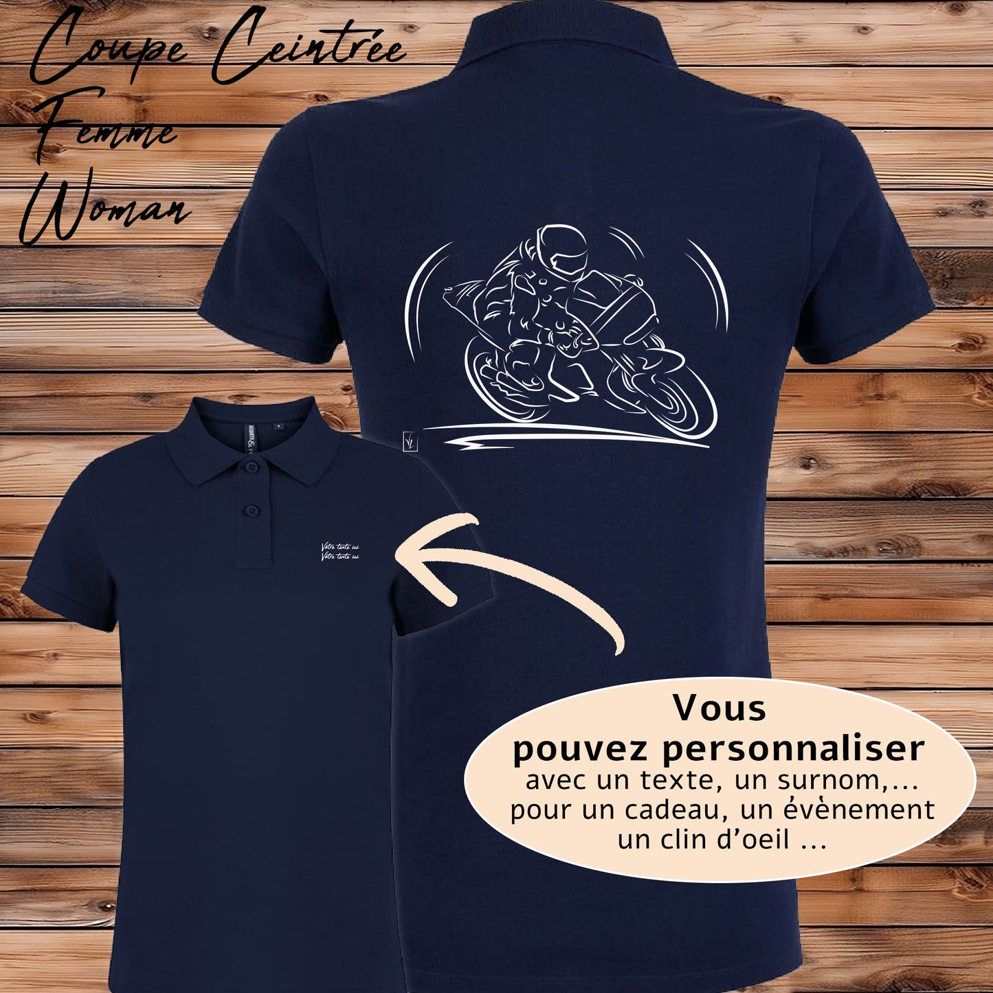 Polo Course Moto bleu femme personnalisable - Design moto de course - Polycoton confort 200g/m²