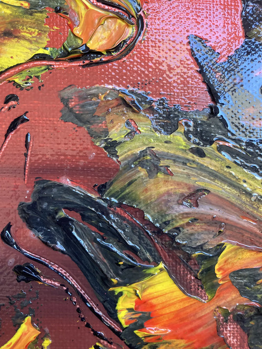Détail de la peinture au couteau sur les cordes de la guitare électrique. Reliefs et textures acryliques pour un style rock moderne.