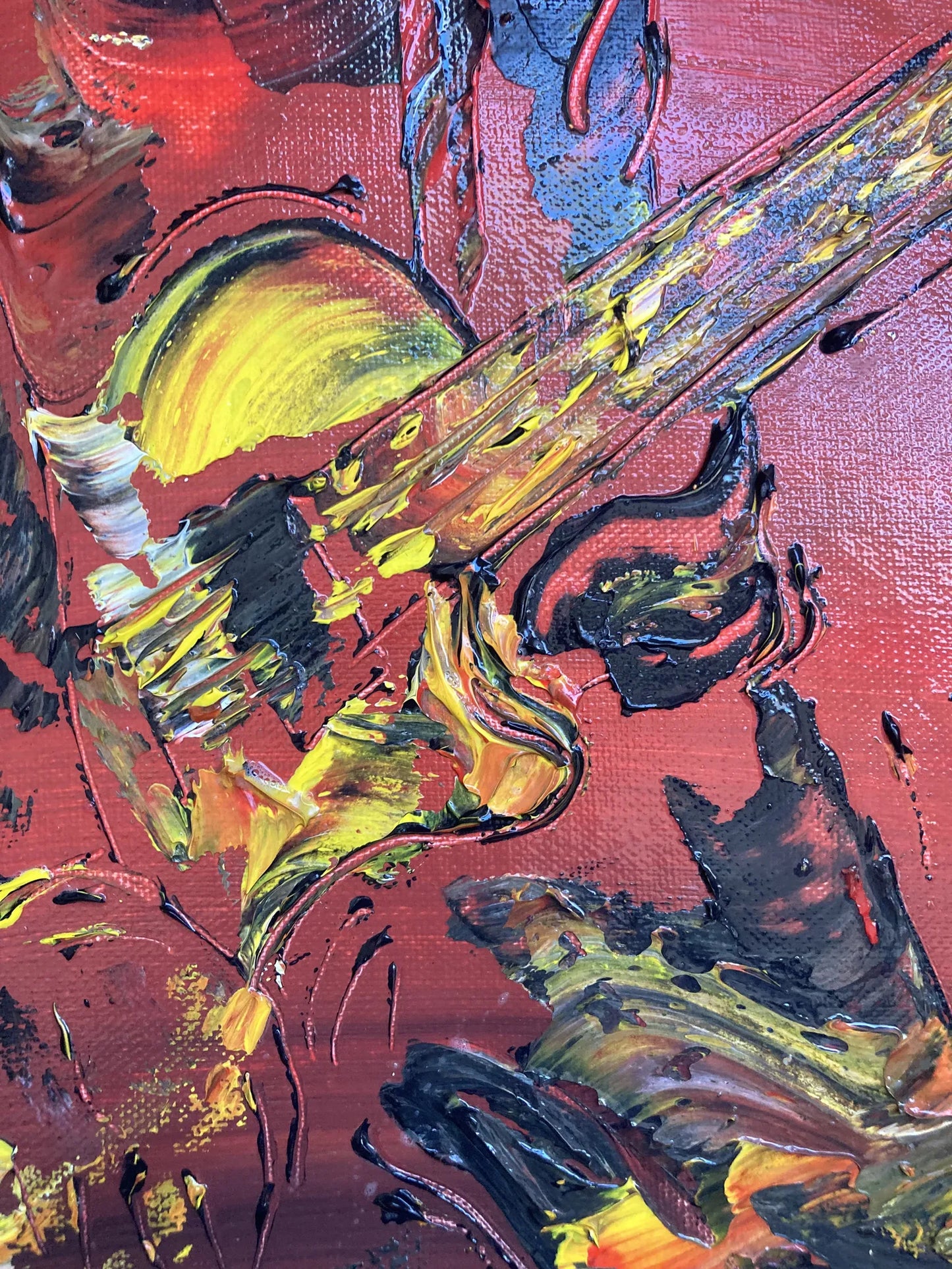 Peinture d'un guitariste de rock avec guitare électrique style Fender sur fond sombre. Détail 2.
