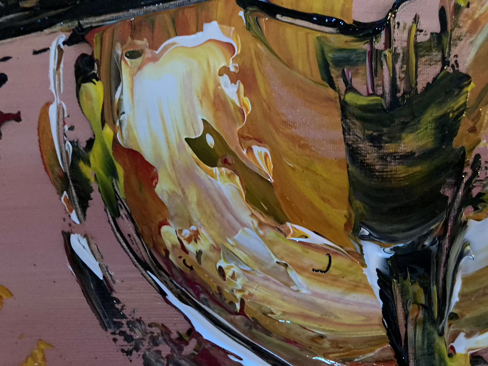 Tableau d'un groupe de musiciens , un contrebassiste deux guitaristes et un violoniste, peinture sur toile format 50x61cm du peintre Virginie Linard © détail6