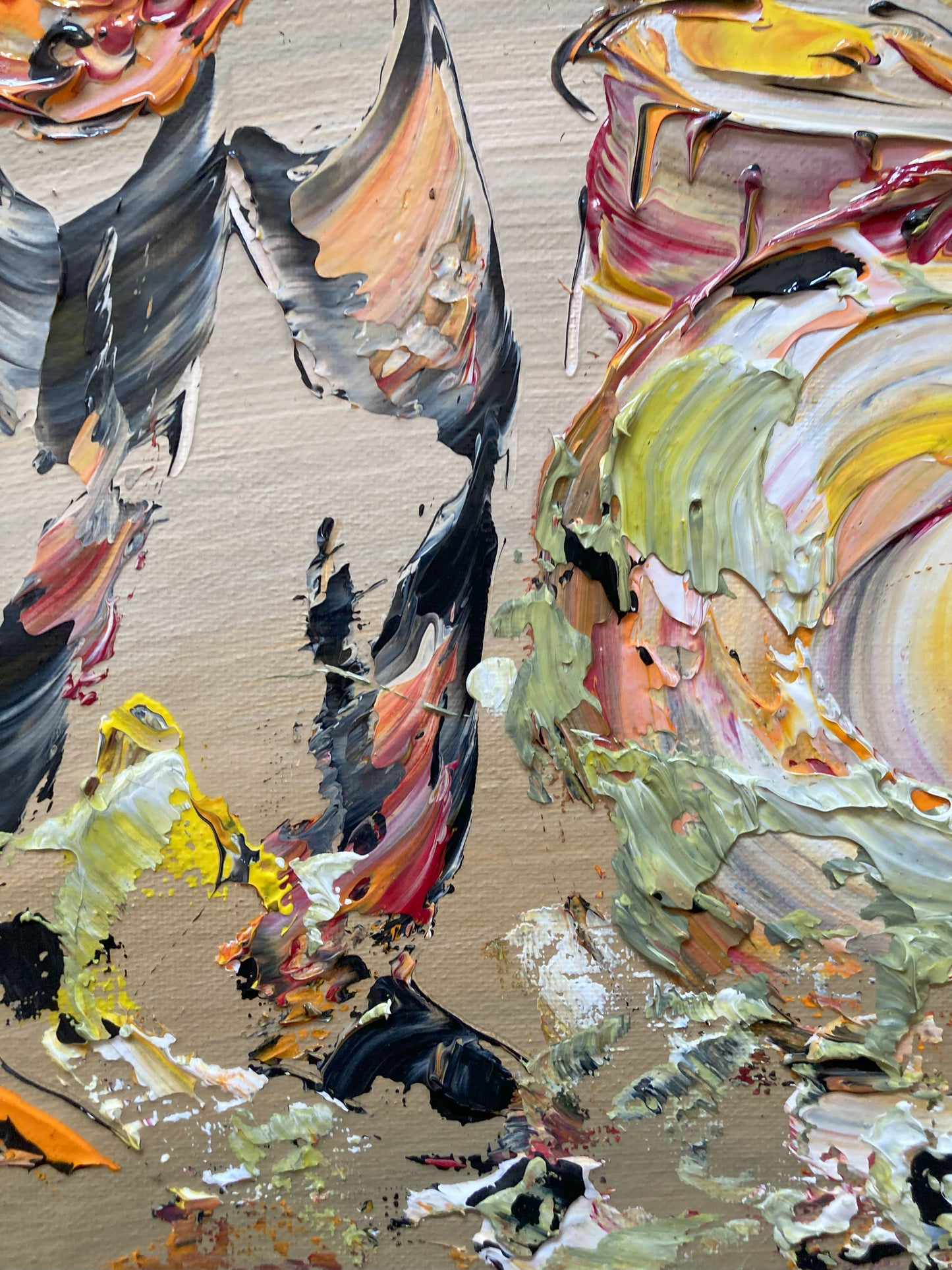 Tableau Musiciens hard rock batterie et guitares électriques. Peinture sur toile 60x70cm. Détail6. Création Virginie Linard ©.