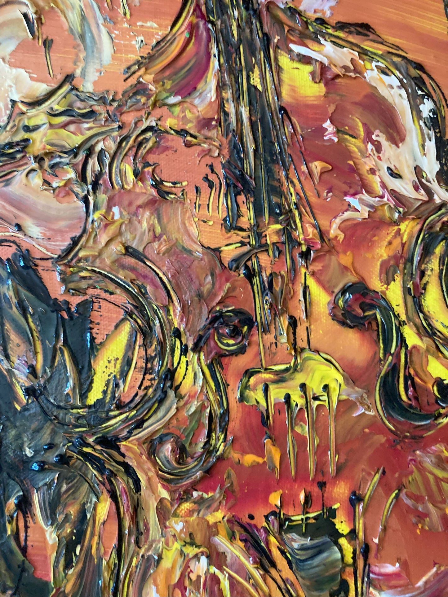 Tableau musiciens jazz contrebasse piano guitare trompette saxophone , peinture sur toile format 92x73cm. Détail5. Création Virginie Linard ©.
